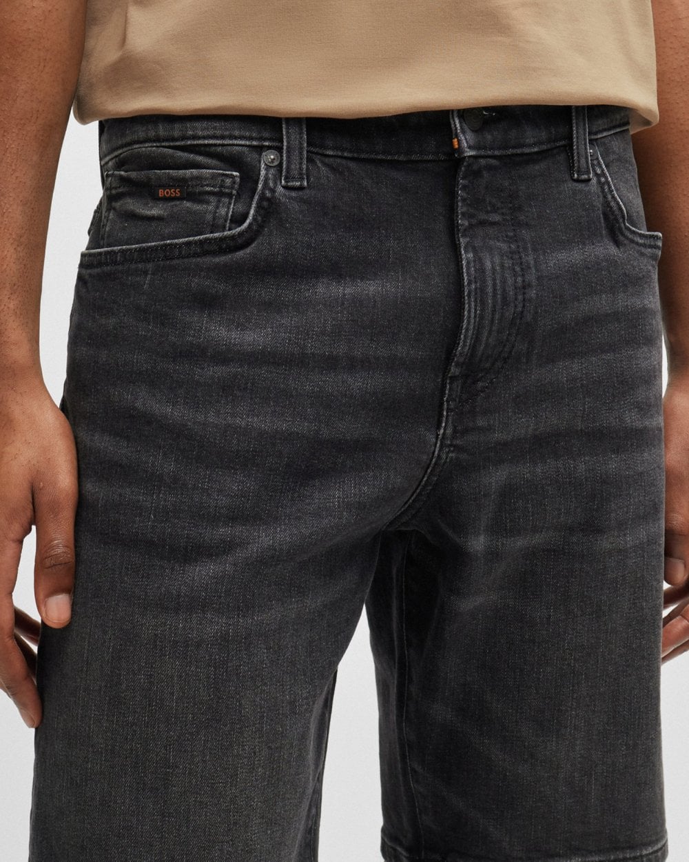 BOSS Orange Re.Maine Mens Regular Fit Shorts in Dark Grey Comfort-Stretch Denim - Image 2