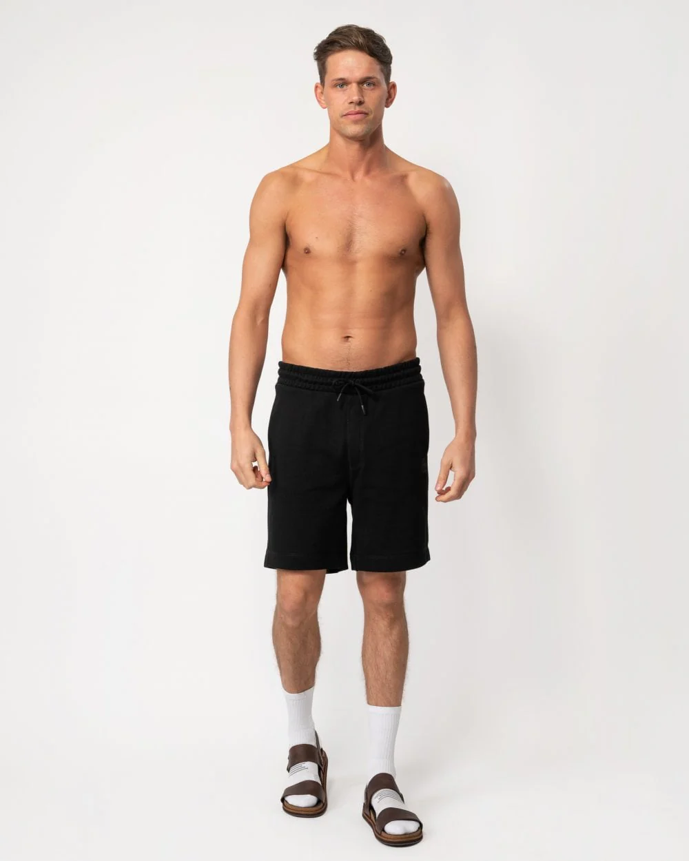 BOSS Orange Sewalk Mens Cotton-Terry Shorts With Logo Badge - Black 001 - Image 3