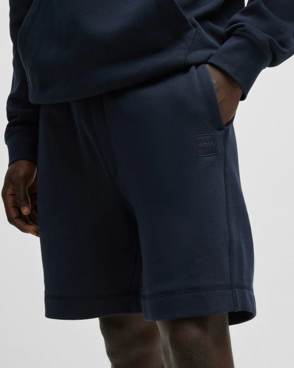 BOSS Orange Sewalk Mens Cotton-Terry Shorts With Logo Badge - Dark Blue 404 - Image 2