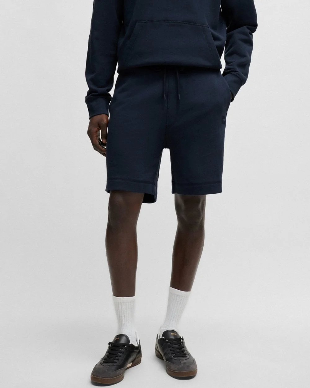 BOSS Orange Sewalk Mens Cotton-Terry Shorts With Logo Badge - Dark Blue 404 - Image 3