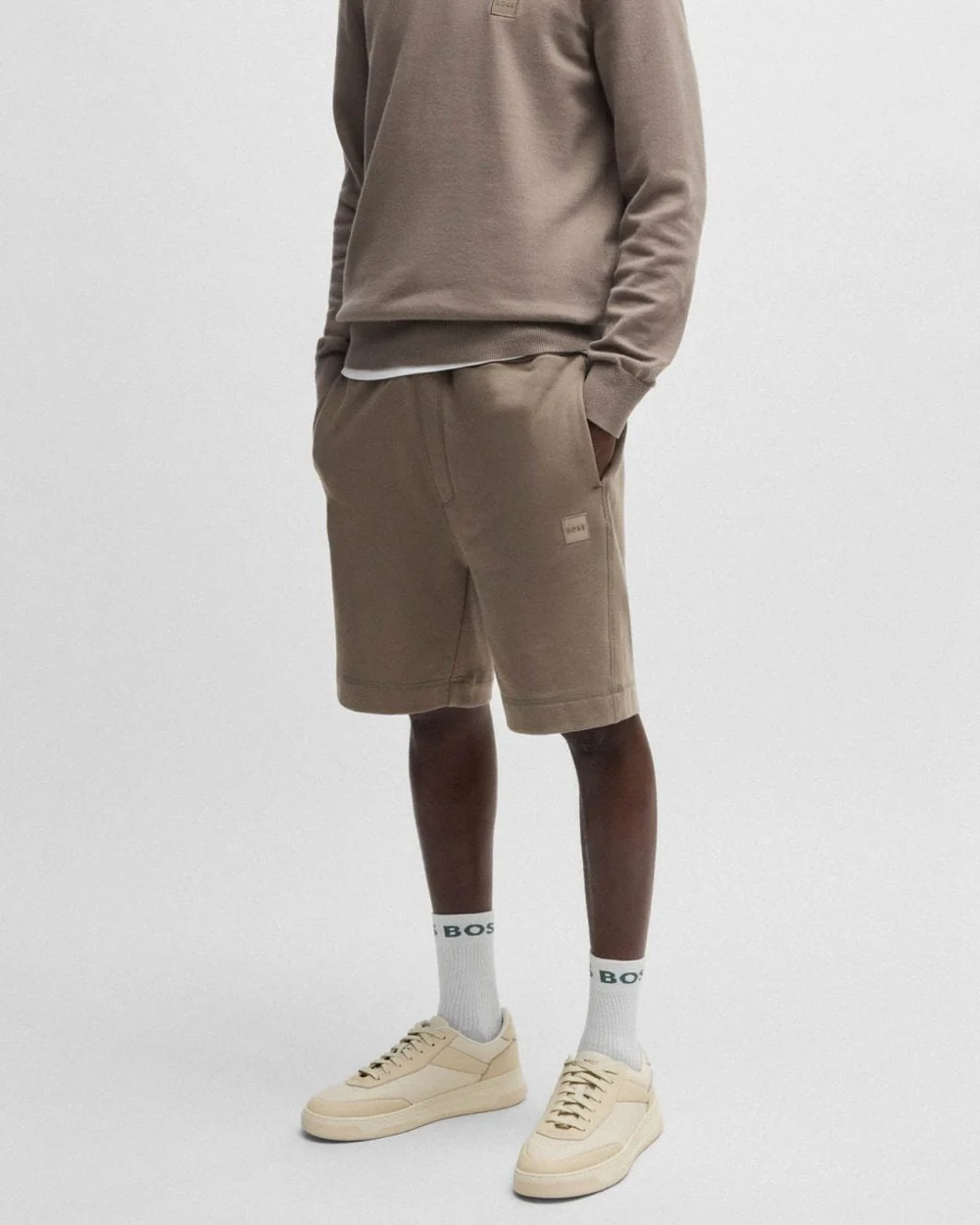 BOSS Orange Sewalk Mens Cotton-Terry Shorts With Logo Badge - Open Beige 294 - Image 3