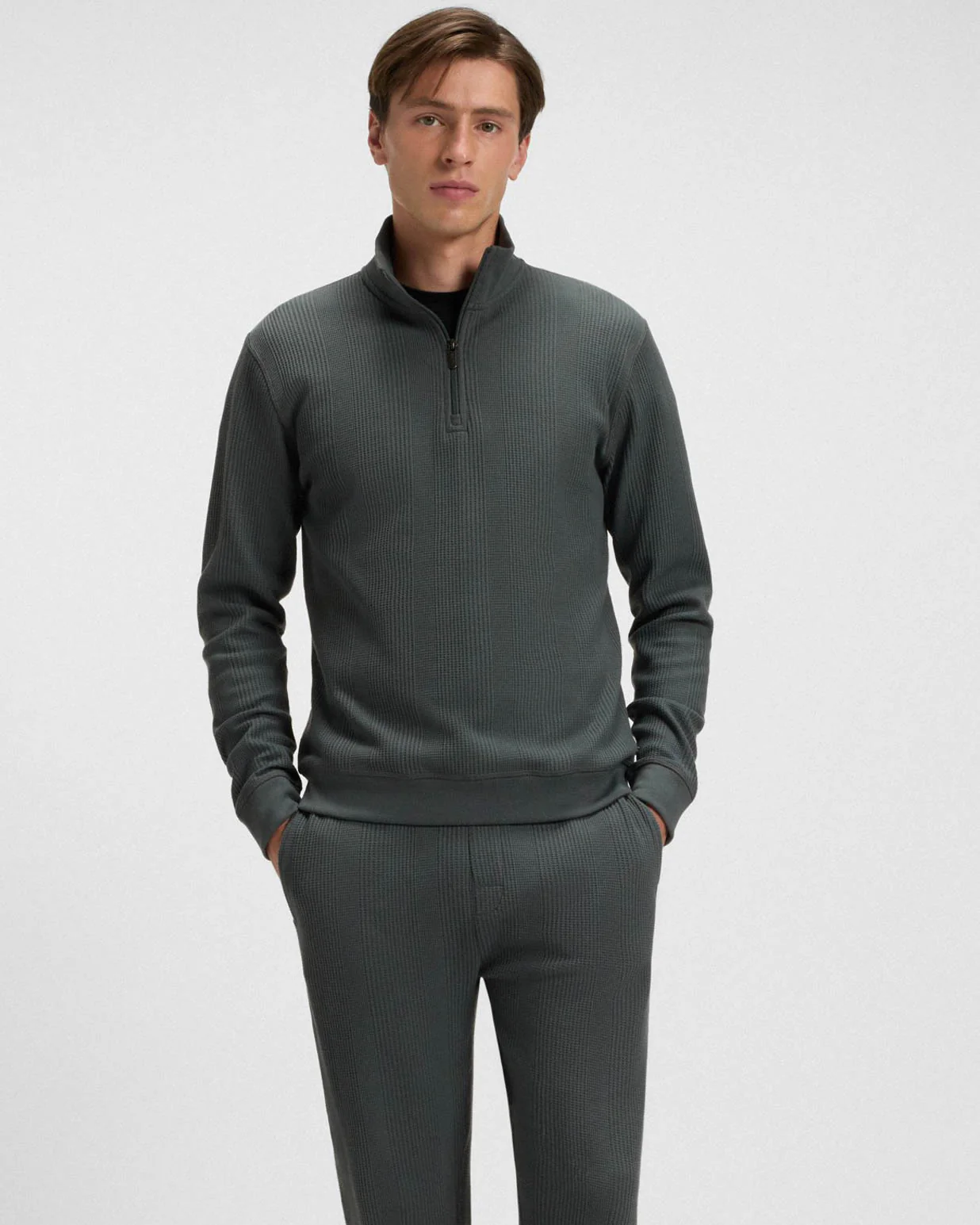 BOSS Orange Structure Mens 1/4 Zip Loungewear Top - Open Green 345 - Image 3