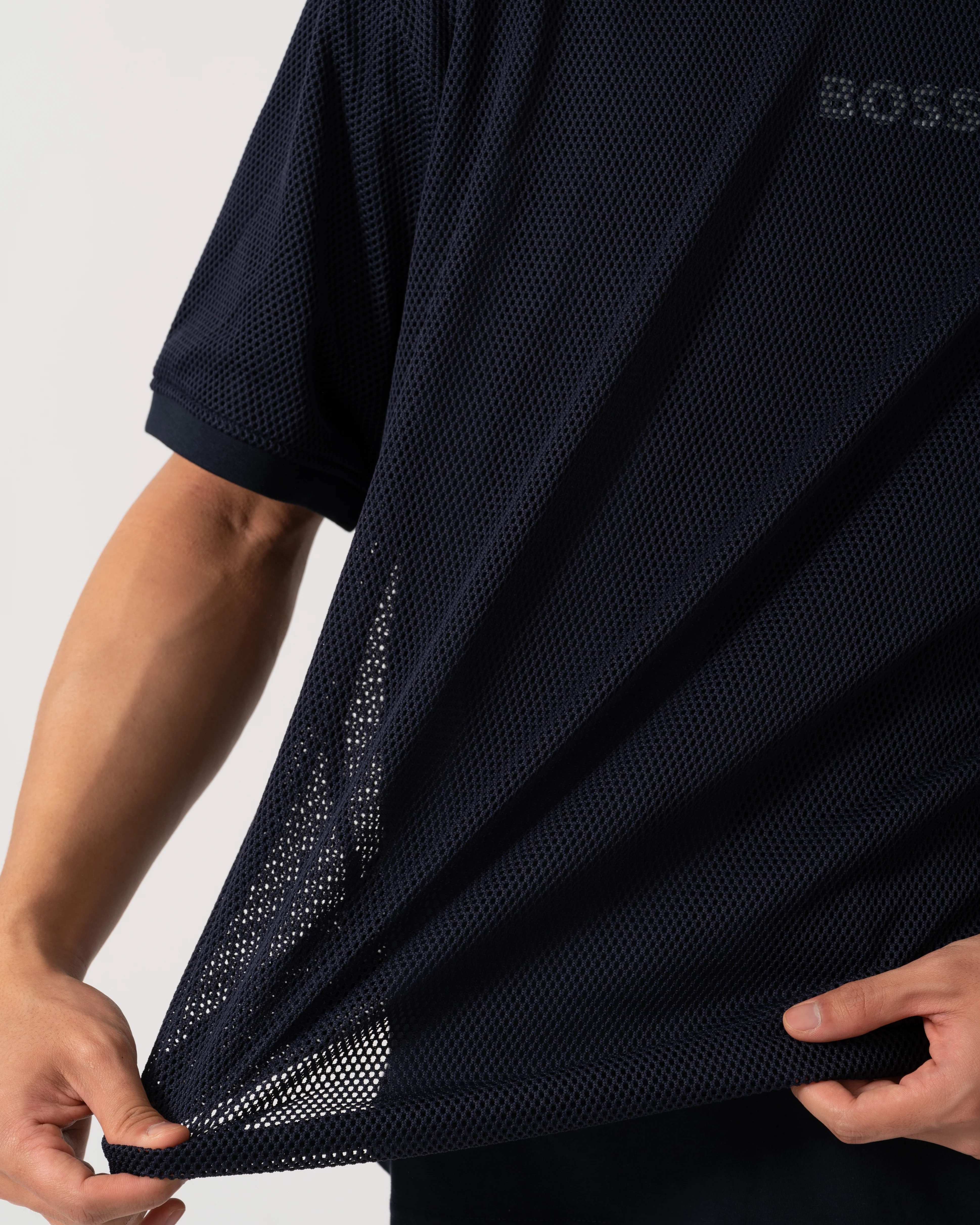 BOSS Orange Summer Mesh Mens T-Shirt - Dark Blue 404 - Image 2