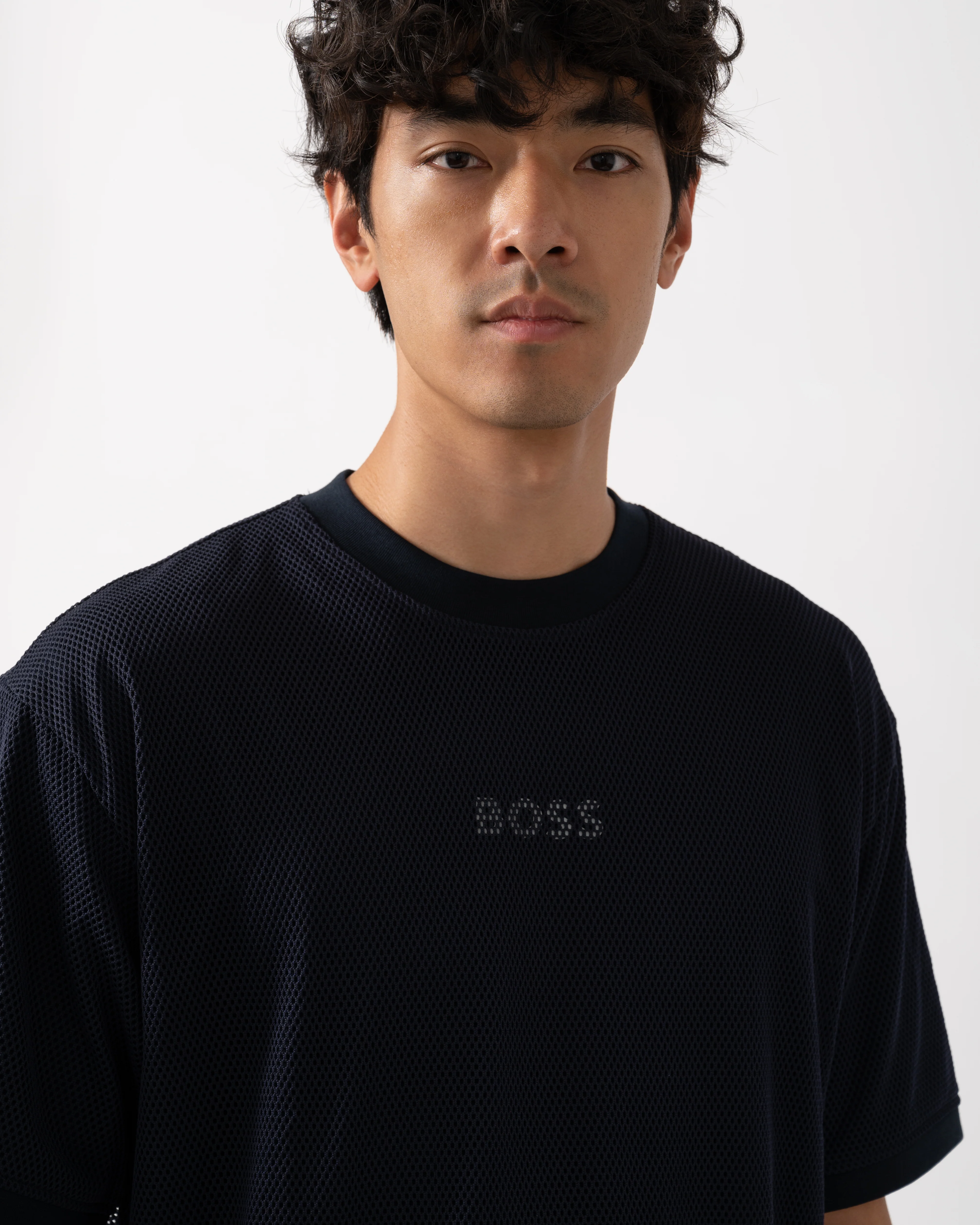 BOSS Orange Summer Mesh Mens T-Shirt - Dark Blue 404 - Image 3