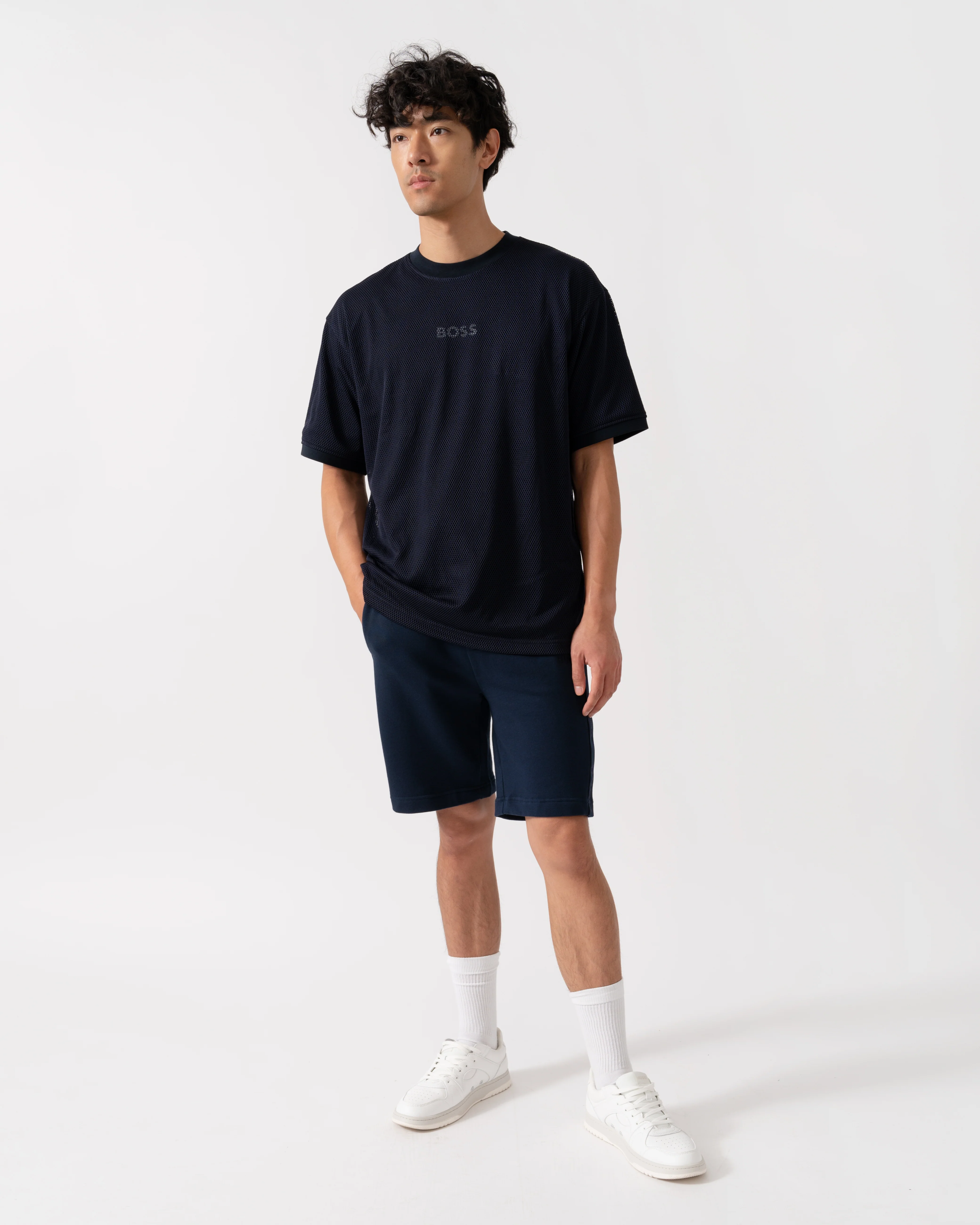BOSS Orange Summer Mesh Mens T-Shirt - Dark Blue 404 - Image 4