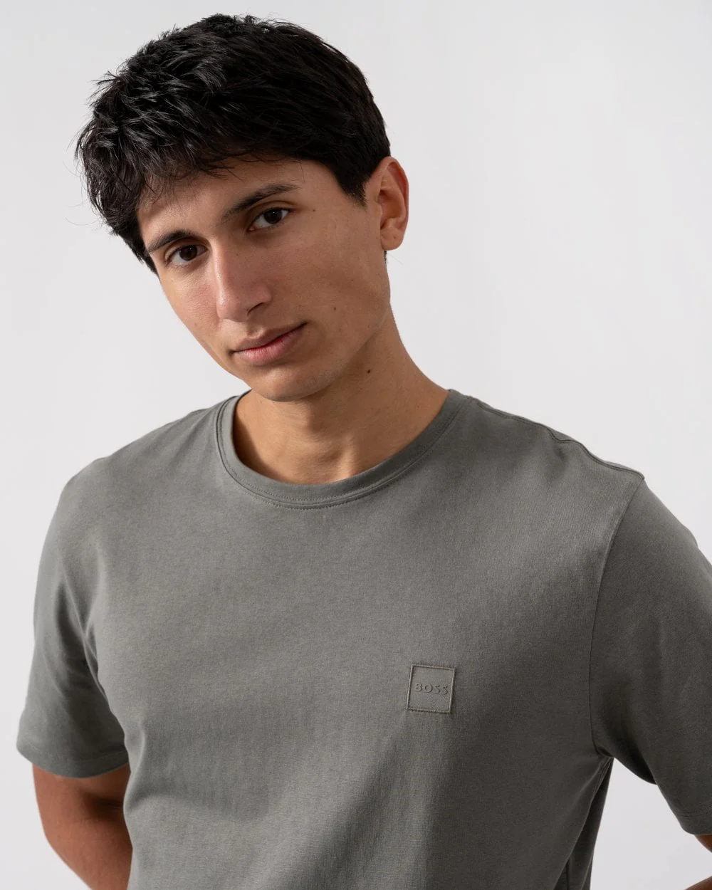 BOSS Orange Tales Mens Cotton-Jersey T-shirt With Logo Patch - Grey-Green 076 - Image 2