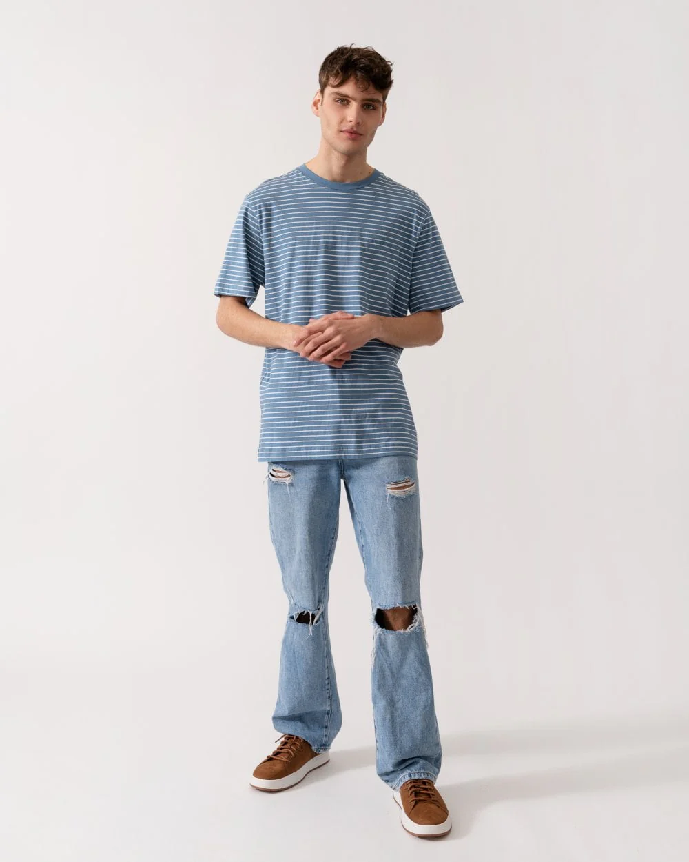 BOSS Orange Tales Stripe Mens T-Shirt - Open Blue 462 - Image 3