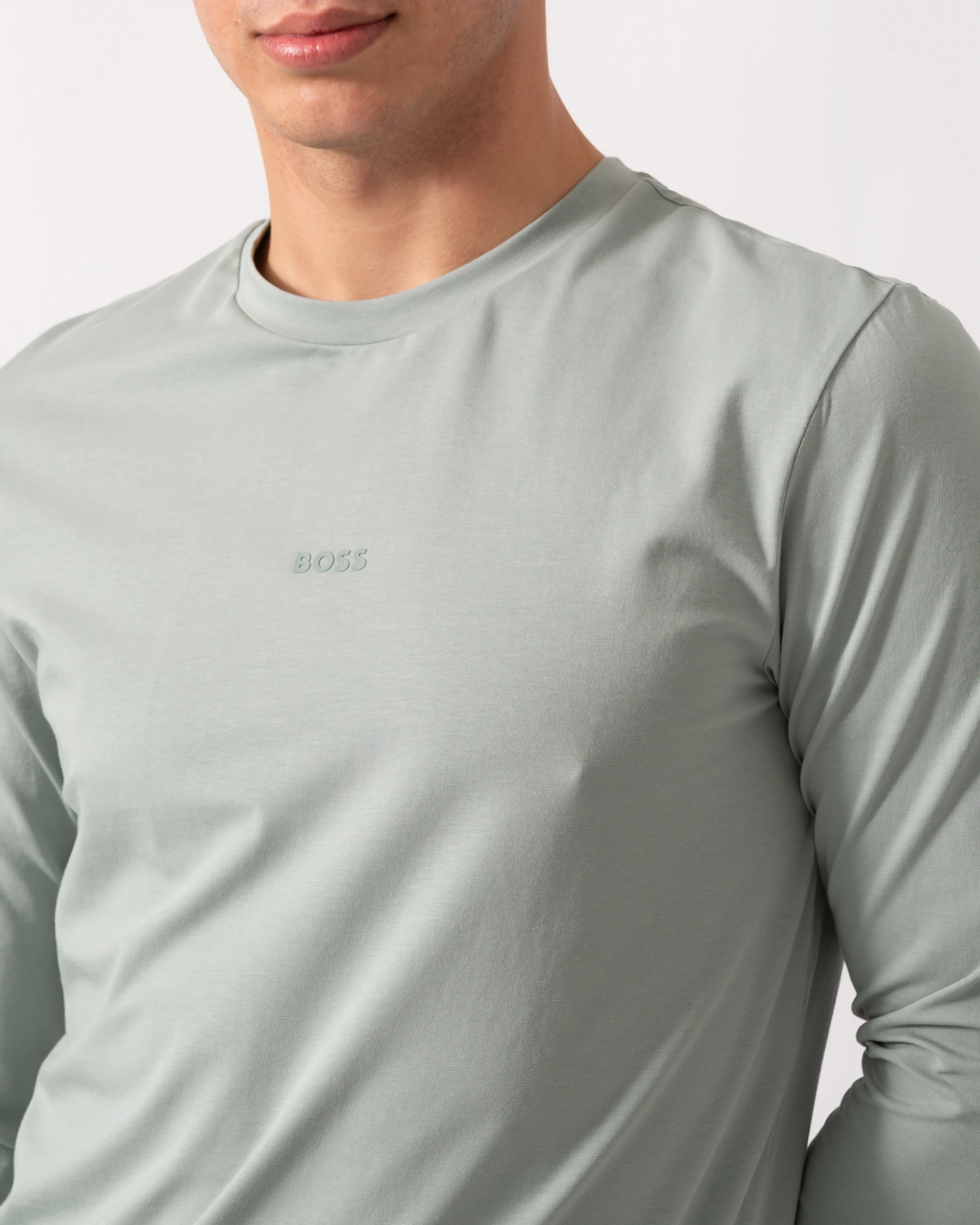 BOSS Orange Tchark Mens Long Sleeve Stretch Cotton T-Shirt - Open Green 351 - Image 3