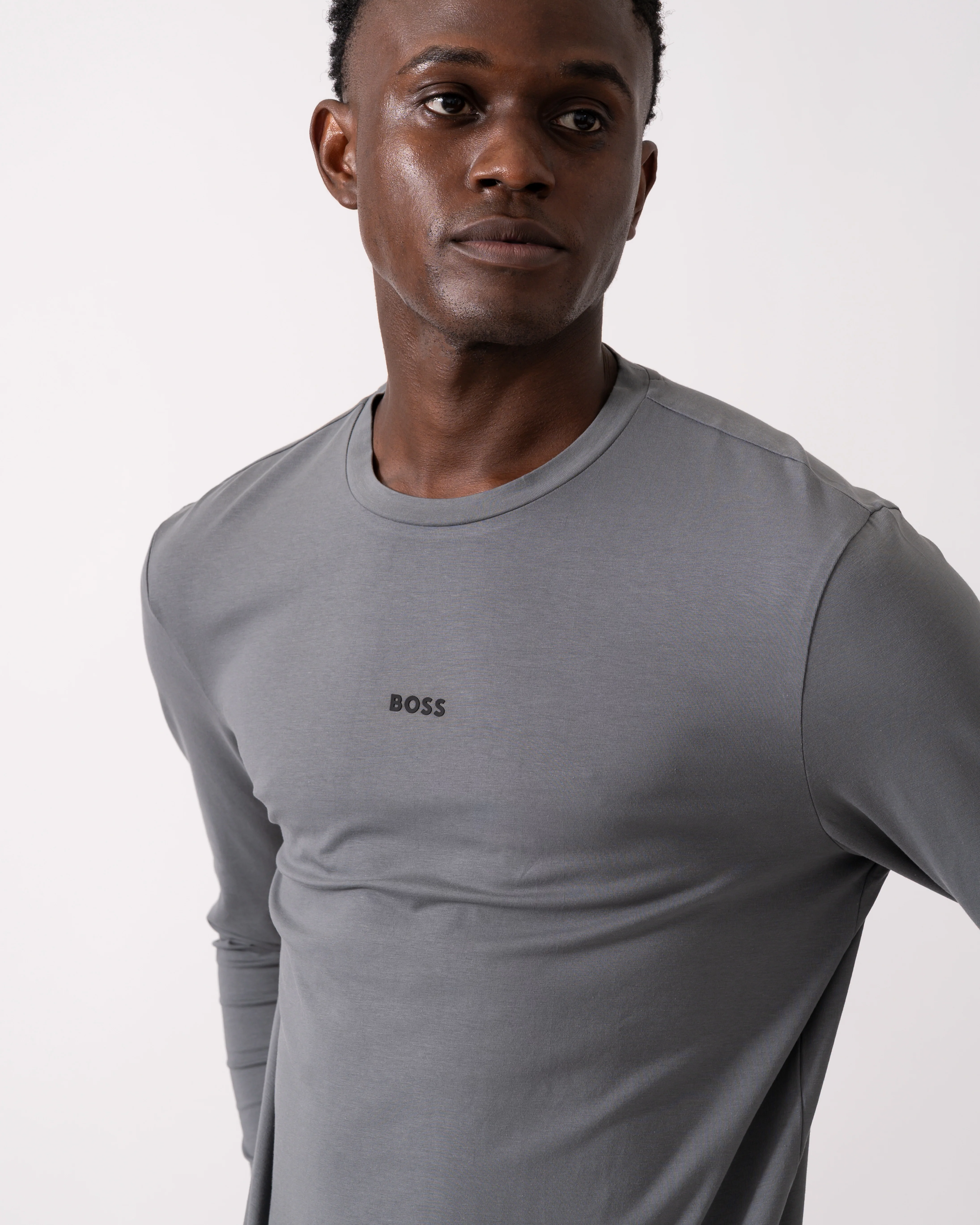 BOSS Orange Tchark Mens Long Sleeve Stretch Cotton T-Shirt - Open Grey 062 - Image 2