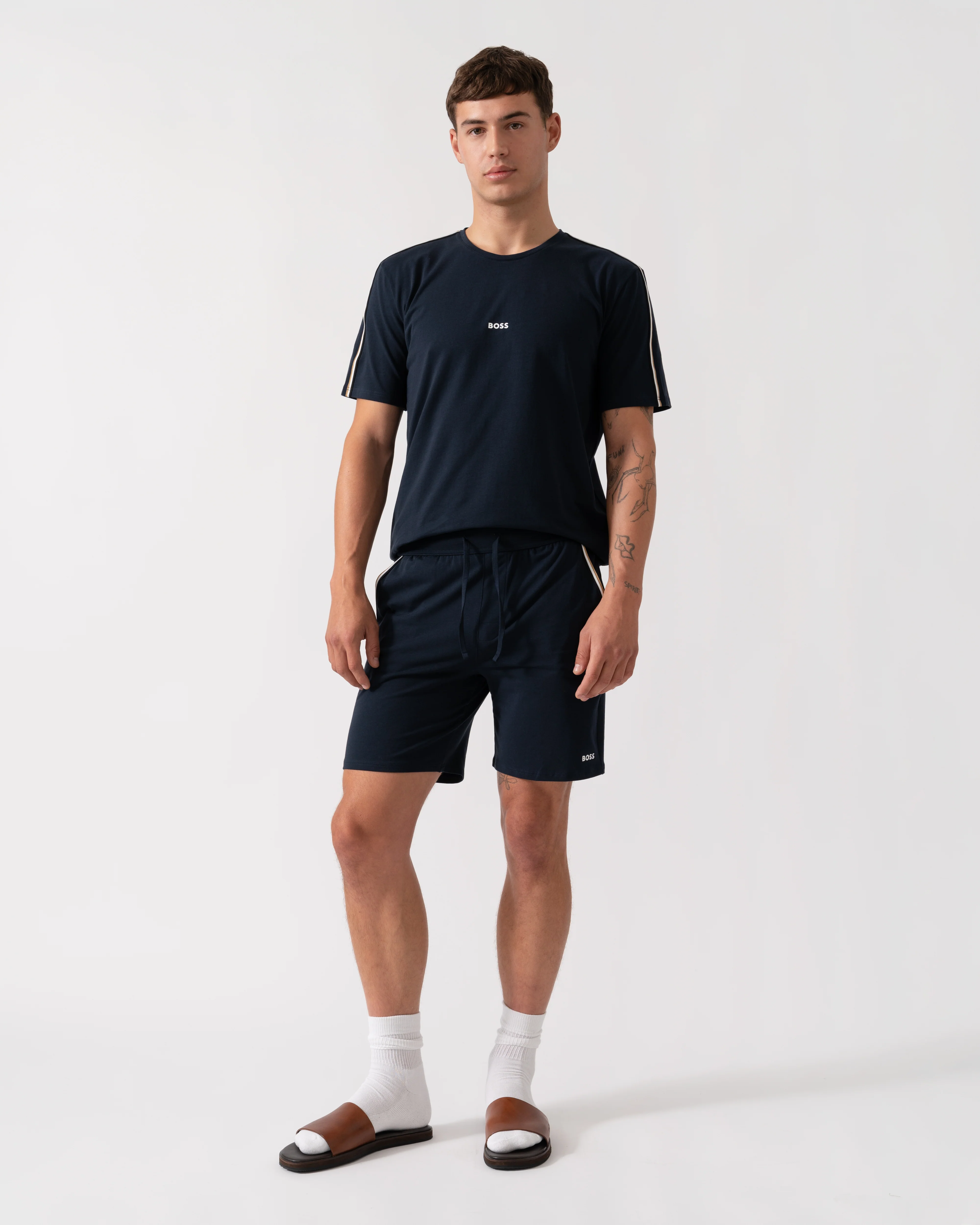 BOSS Orange Unique Mens Stretch-Cotton Pyjama Shorts with Tape Trims - Dark Blue 403 - Image 2
