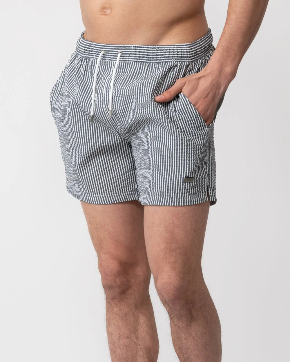 BOSS Orange Velvetfish Mens Seersucker Striped Swim Shorts - Image 2