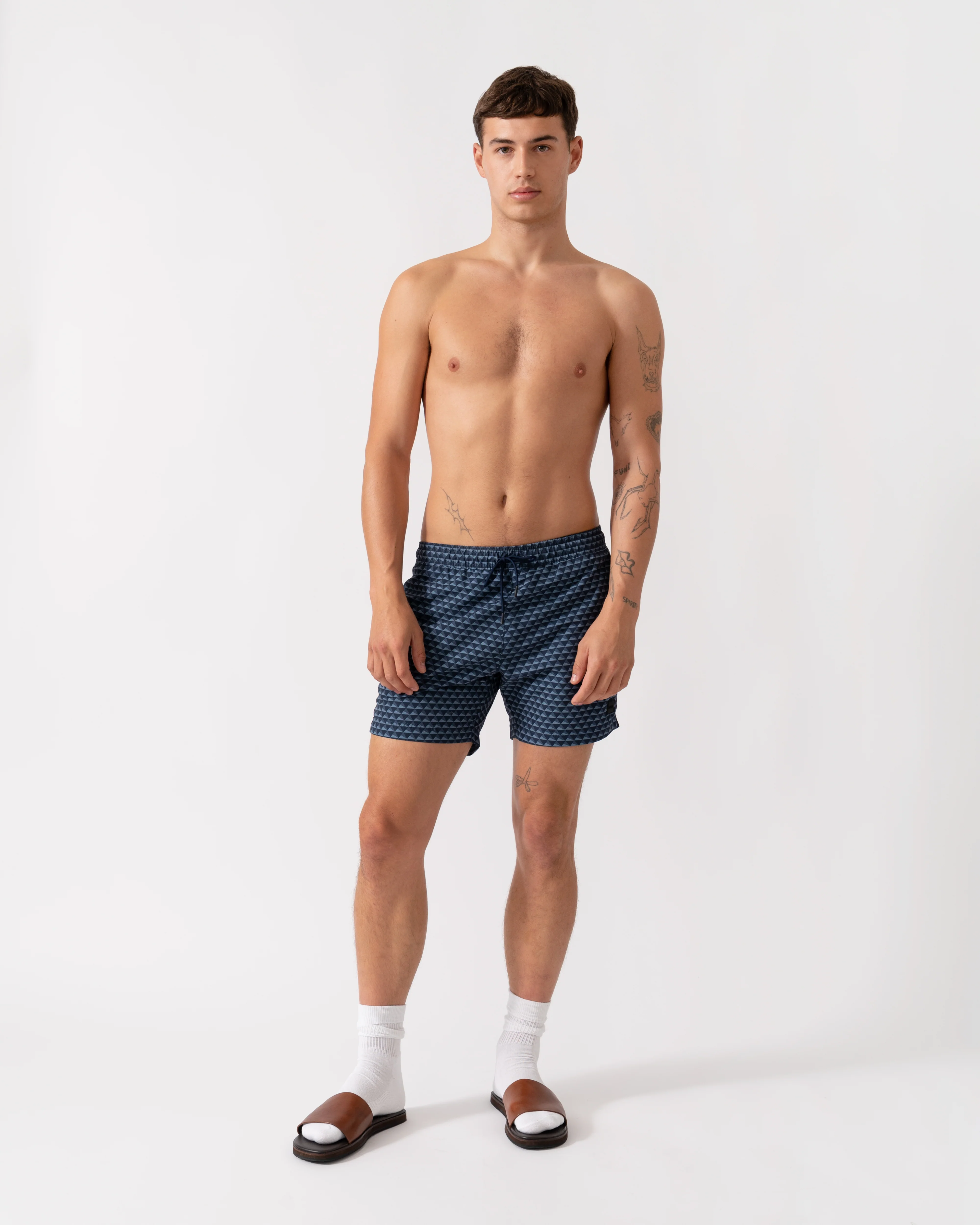 BOSS Orange Vibe Mens Logo-Label Swim Shorts with Seasonal Pattern - Navy 414 - Image 2
