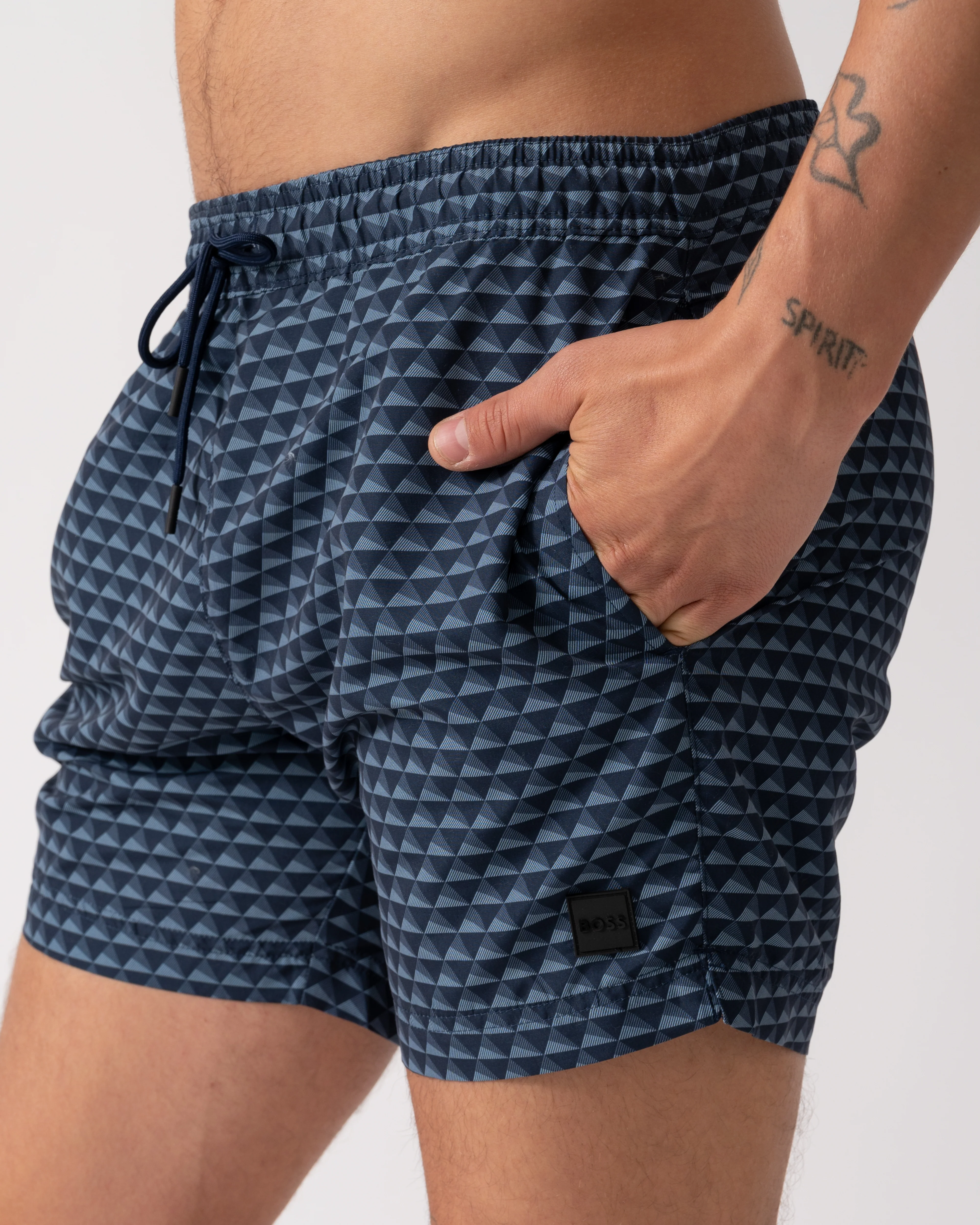 BOSS Orange Vibe Mens Logo-Label Swim Shorts with Seasonal Pattern - Navy 414 - Image 3