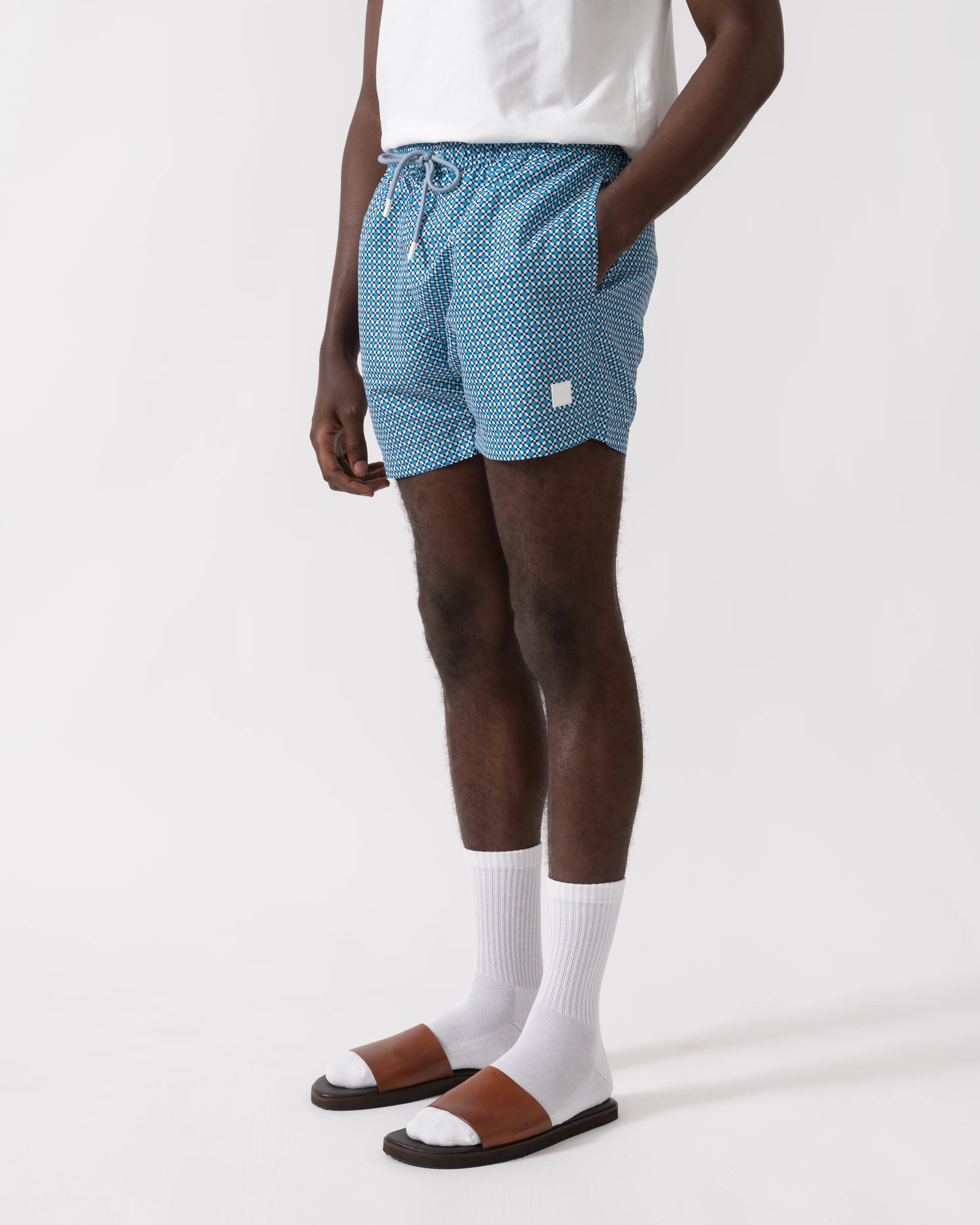 BOSS Orange Vibe Mens Logo-Label Swim Shorts with Seasonal Pattern - Open Blue 483 - Image 2