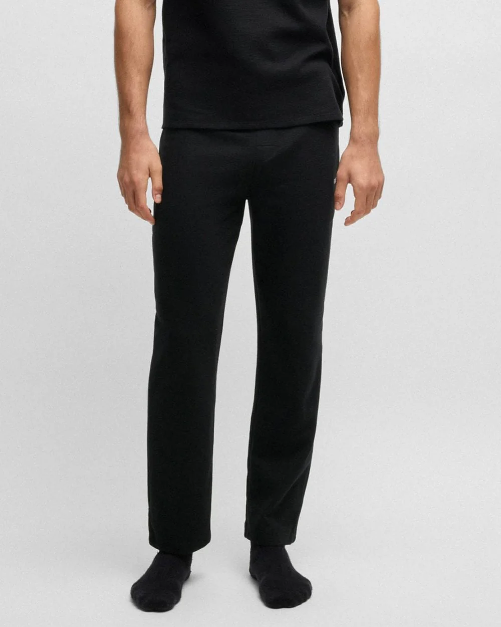 BOSS Orange Waffle Mens Cotton-Blend Pyjama Bottoms with Embroidered Logo - Black 001 - Image 2