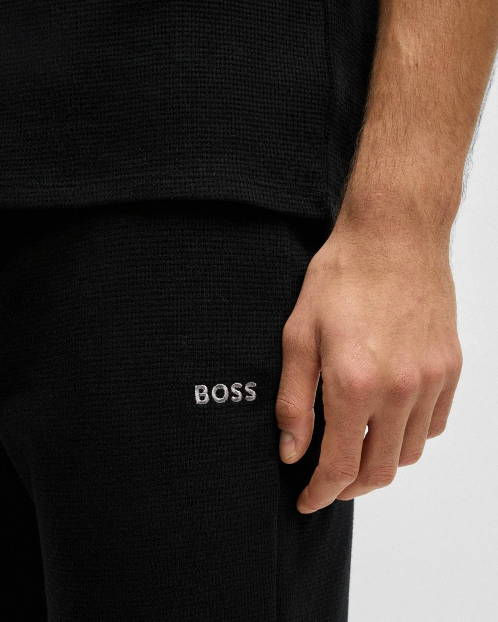 BOSS Orange Waffle Mens Cotton-Blend Pyjama Bottoms with Embroidered Logo - Black 001 - Image 4