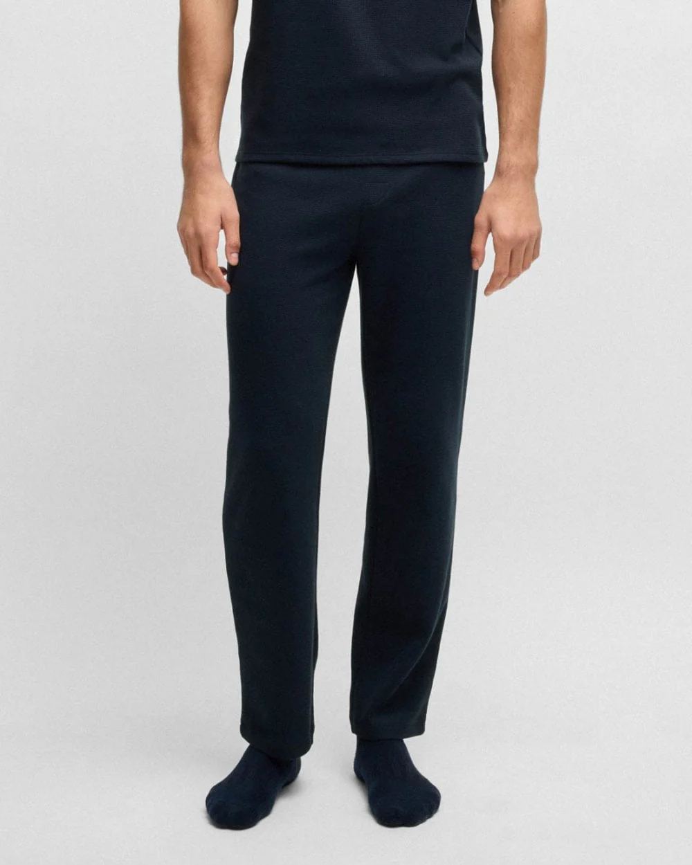 BOSS Orange Waffle Mens Cotton-Blend Pyjama Bottoms with Embroidered Logo - Dark Blue 403 - Image 2