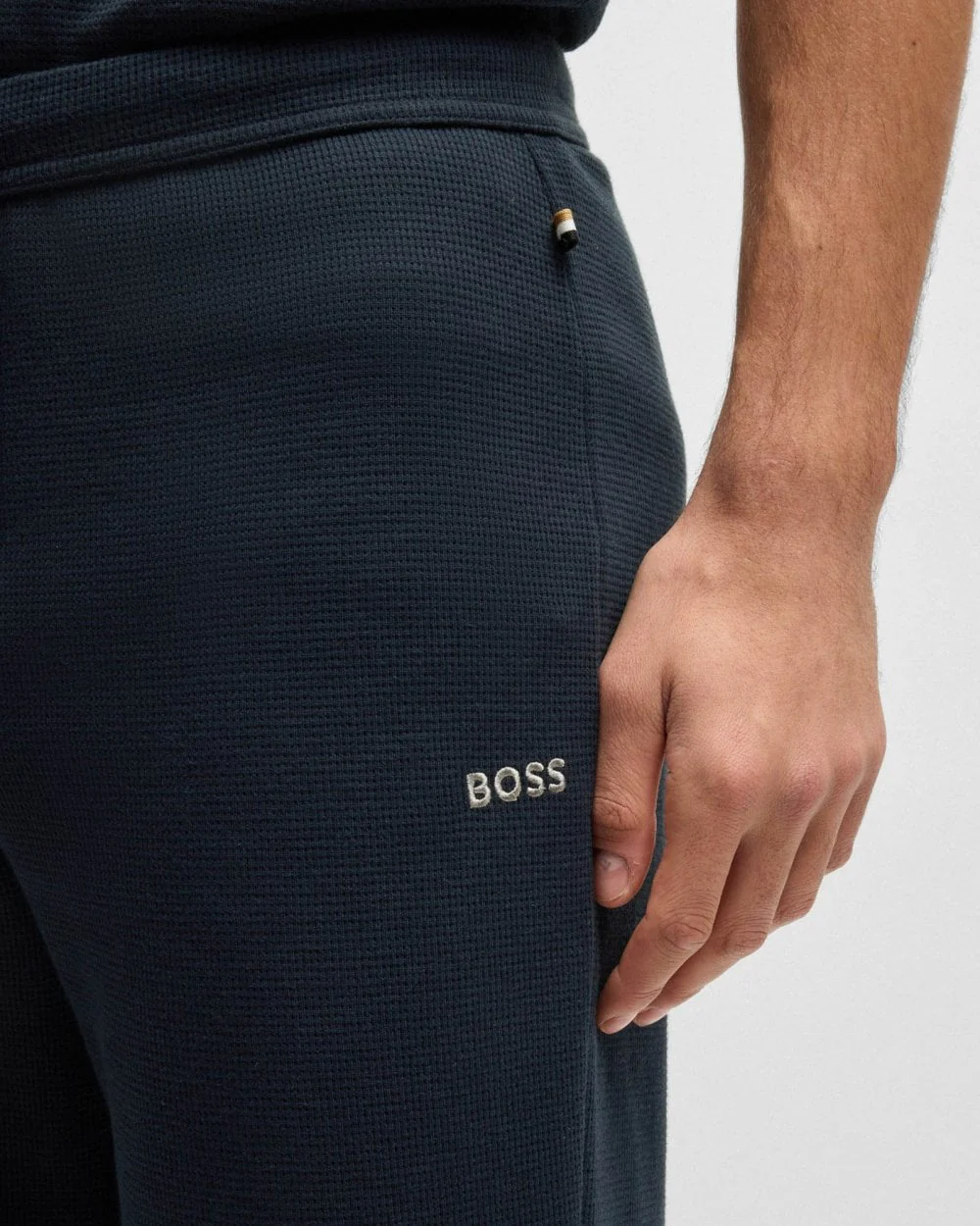 BOSS Orange Waffle Mens Cotton-Blend Pyjama Bottoms with Embroidered Logo - Dark Blue 403 - Image 4