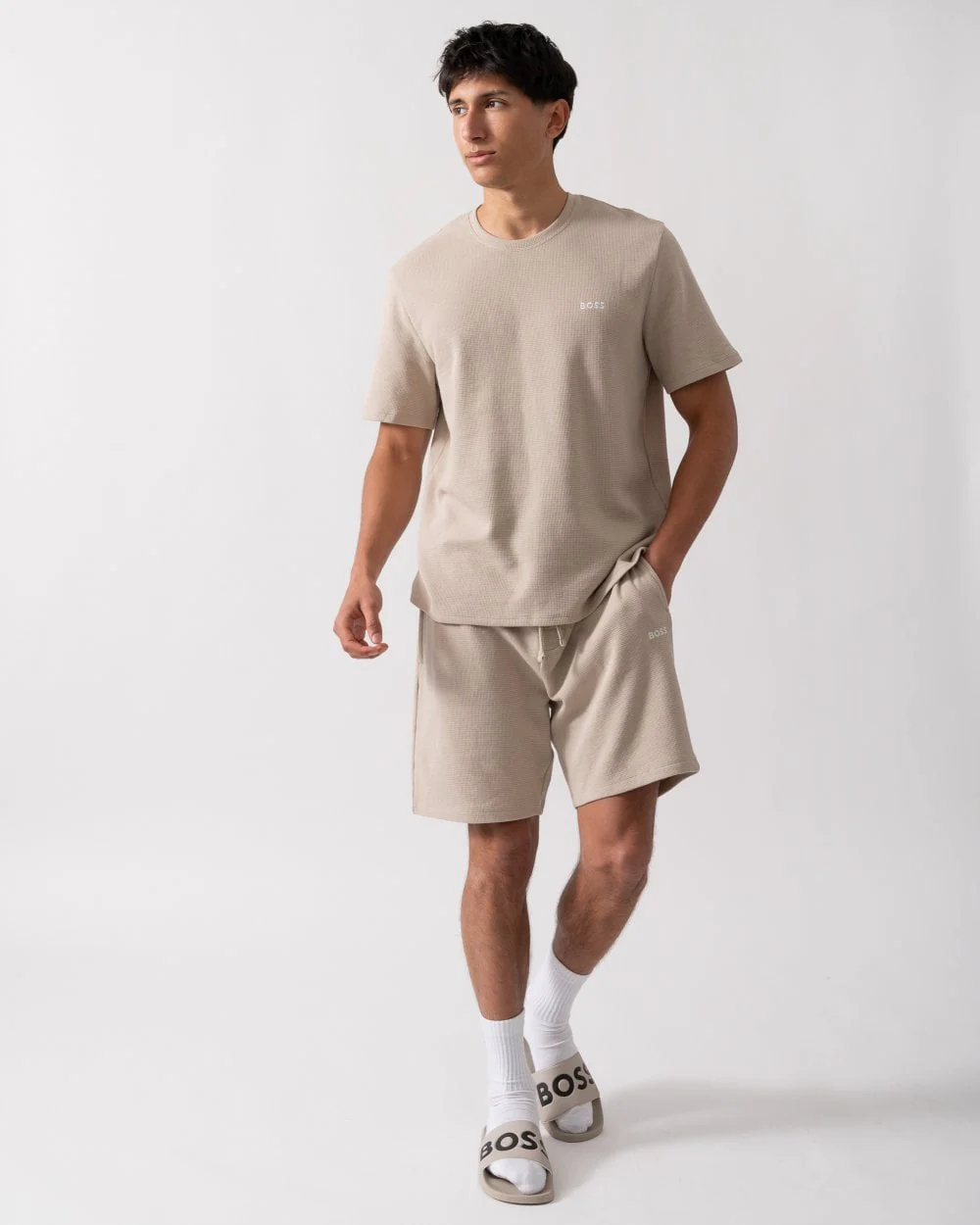 BOSS Orange Waffle Mens Cotton-Blend Pyjama T-Shirt with Embroidered Logo - Light Beige 275 - Image 2