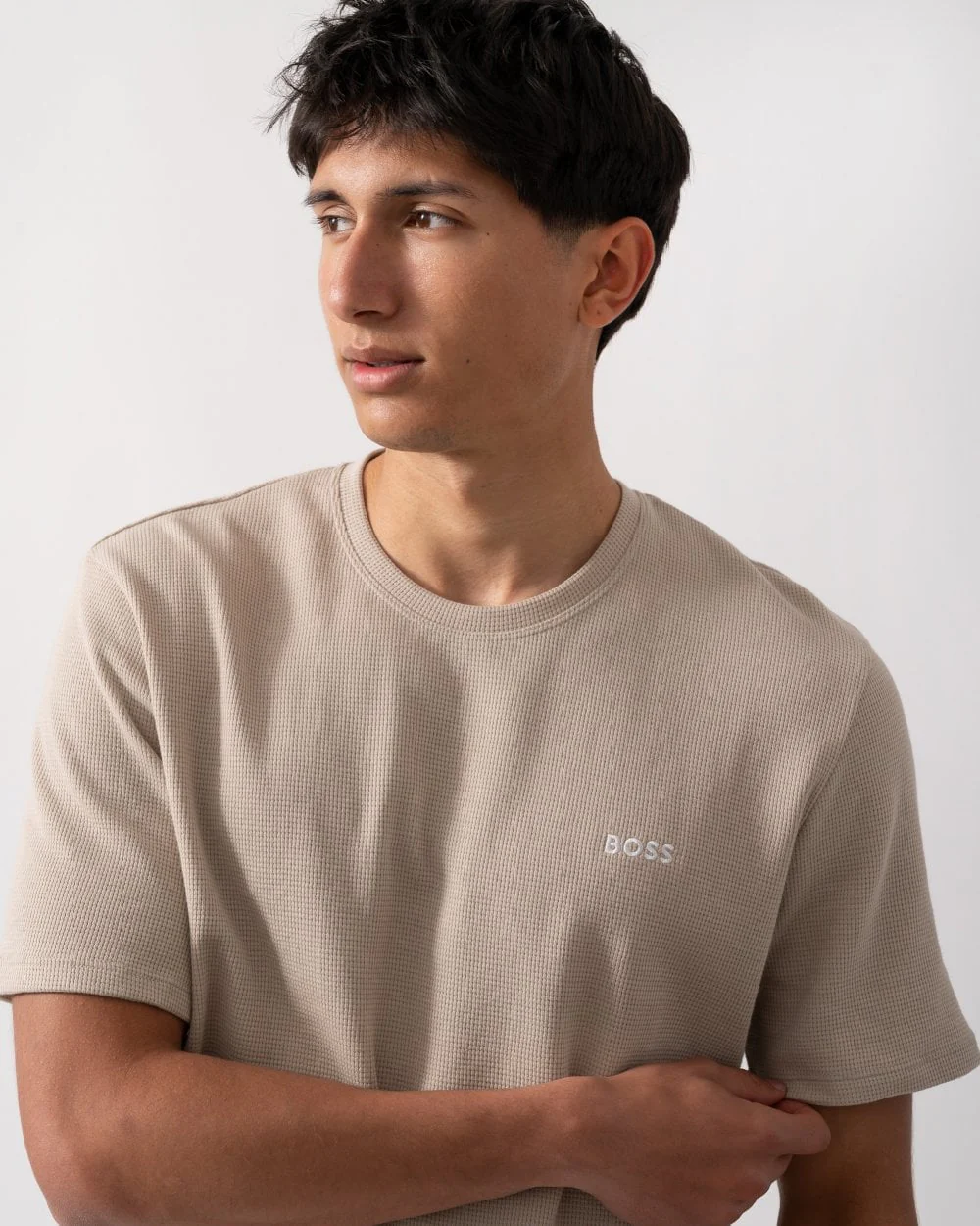 BOSS Orange Waffle Mens Cotton-Blend Pyjama T-Shirt with Embroidered Logo - Light Beige 275 - Image 3
