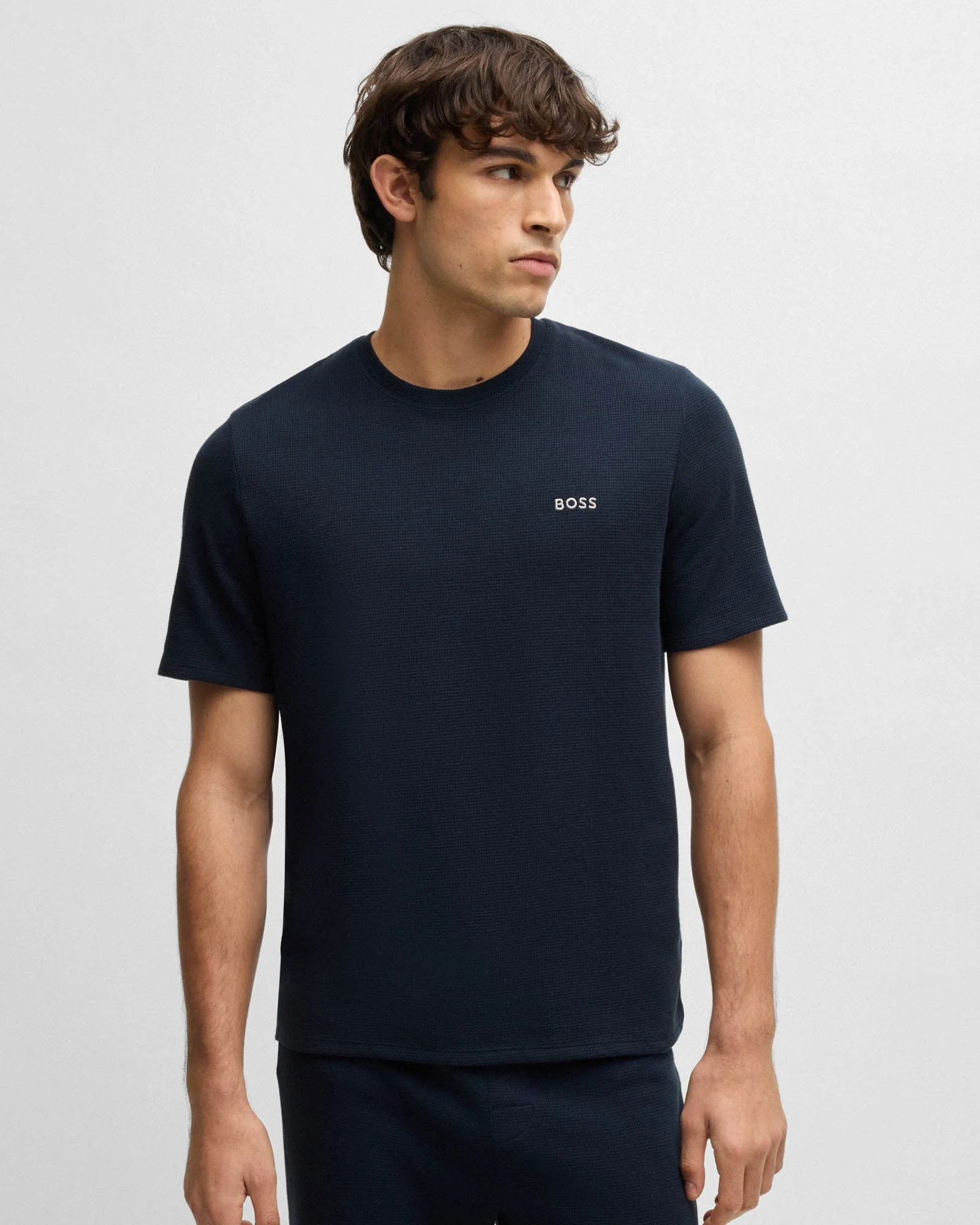BOSS Orange Waffle Mens Cotton-Blend Pyjama T-Shirt with Embroidered Logo NOS - Dark Blue 403 - Image 2