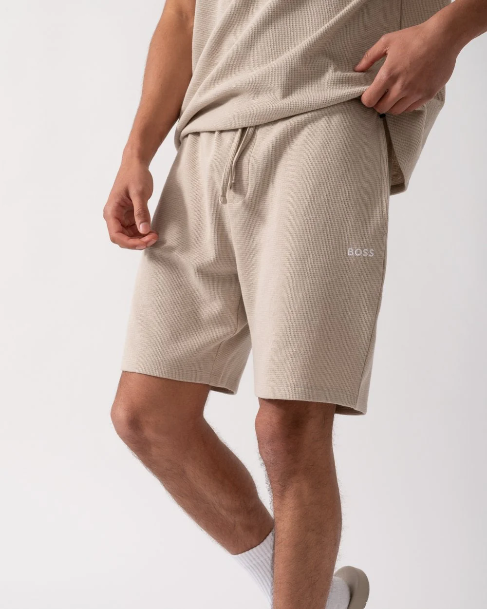 BOSS Orange Waffle Mens Cotton Blend Waffle Structure Pyjama Shorts with Embroidered Logo - Light Beige 275 - Image 2