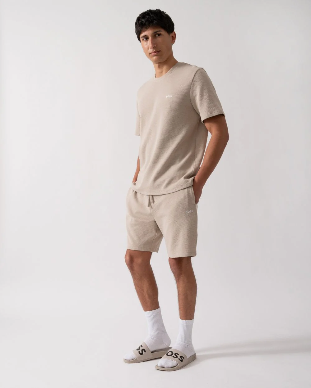 BOSS Orange Waffle Mens Cotton Blend Waffle Structure Pyjama Shorts with Embroidered Logo - Light Beige 275 - Image 3