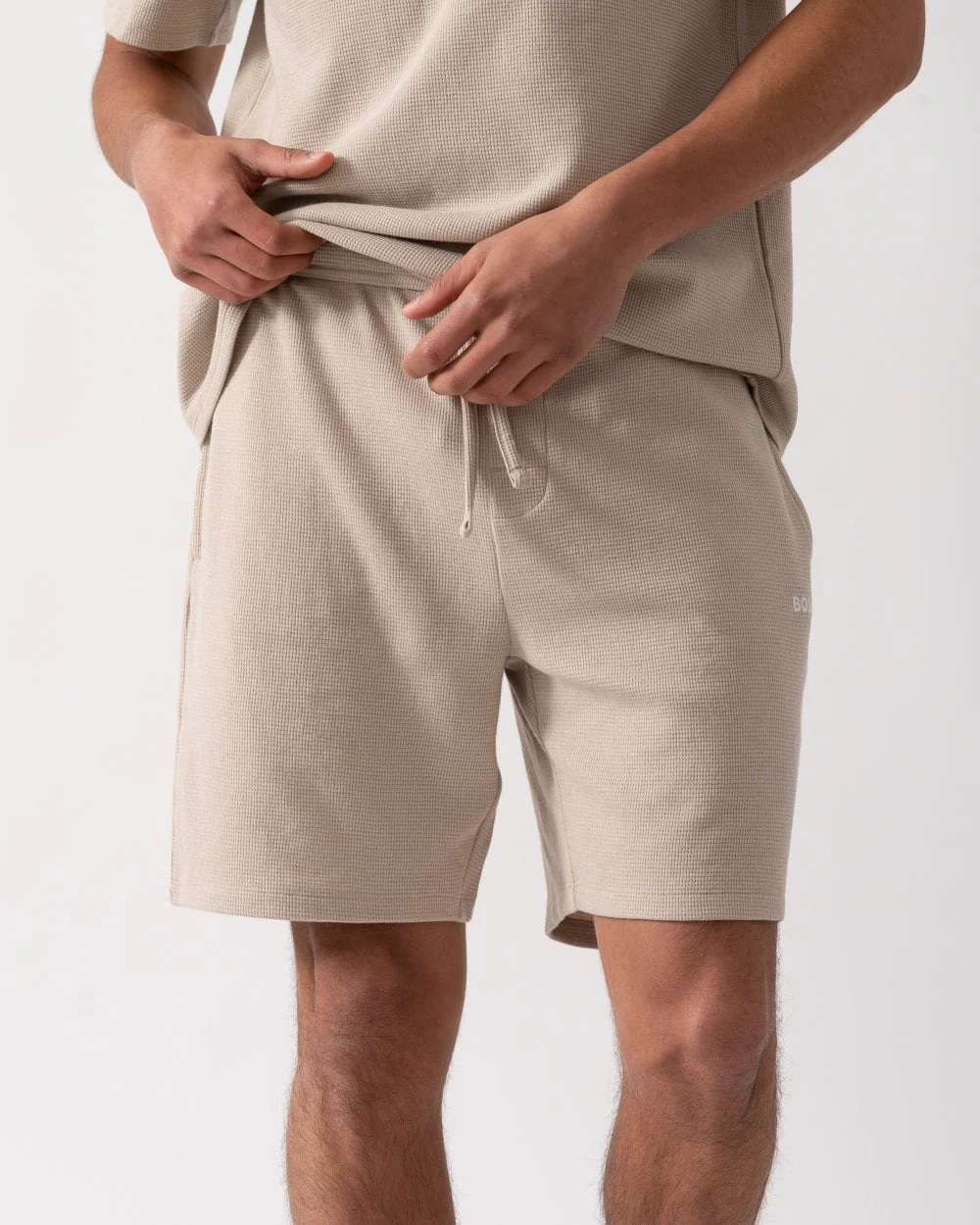 BOSS Orange Waffle Mens Cotton Blend Waffle Structure Pyjama Shorts with Embroidered Logo - Light Beige 275 - Image 4