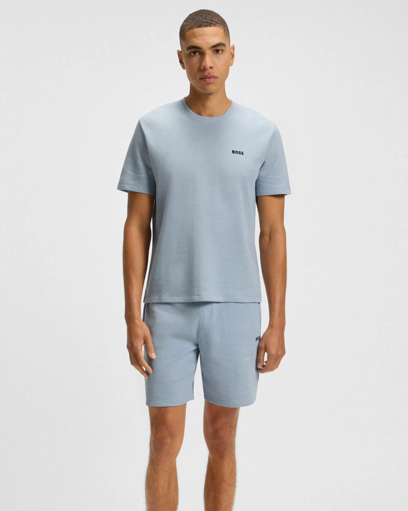 BOSS Orange Waffle Mens Cotton Blend Waffle Structure Pyjama Shorts with Embroidered Logo - Open Blue 483 - Image 3