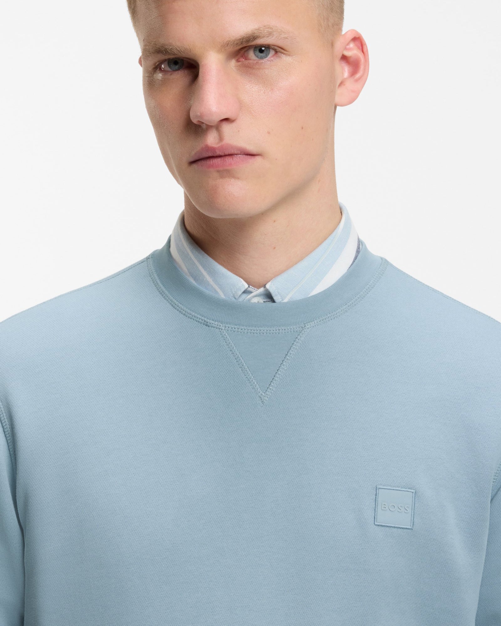BOSS Orange Westart Mens Crew Neck Sweatshirt With Logo Patch - Light/Pastel Blue 458 - Image 4