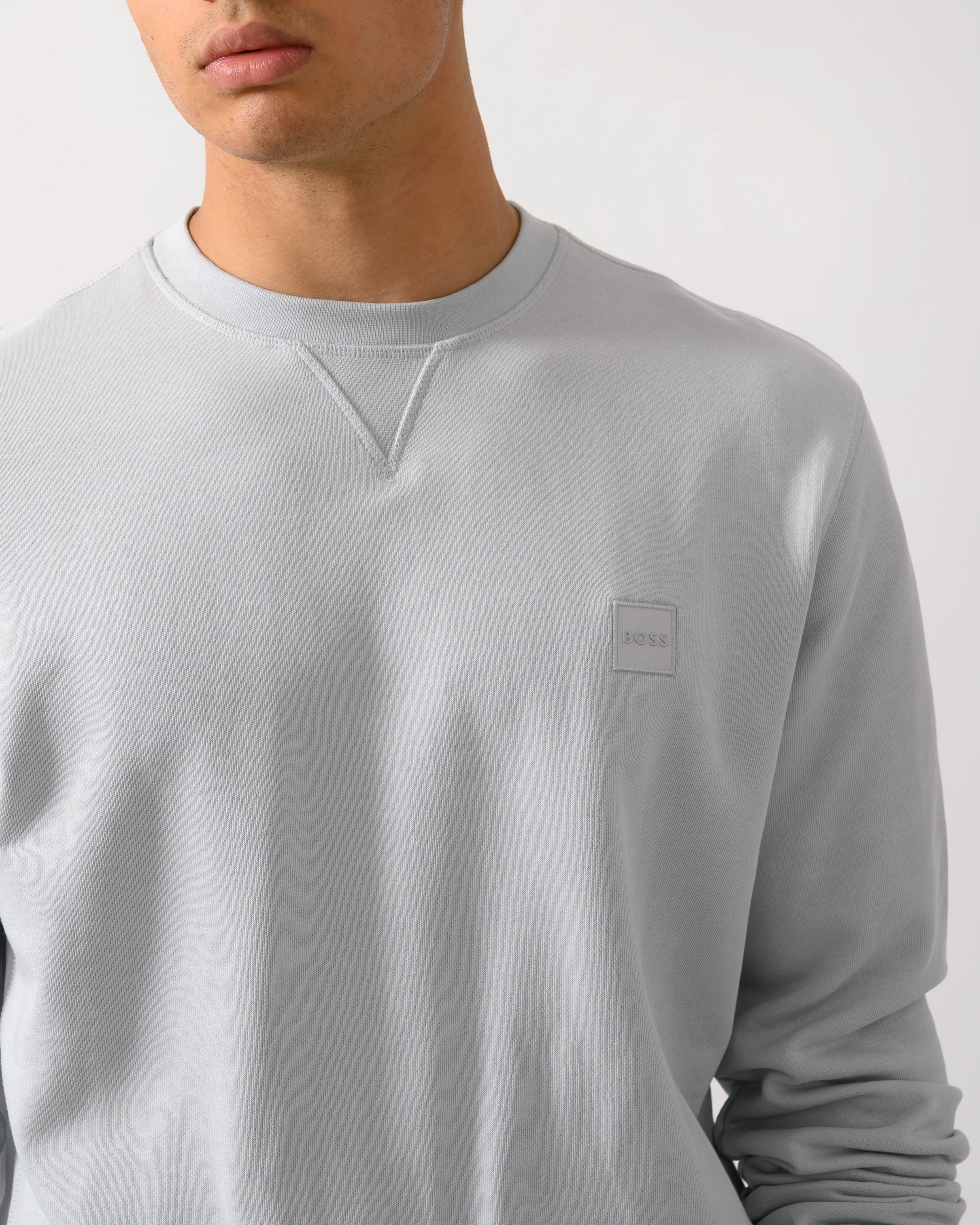 BOSS Orange Westart Mens Crew Neck Sweatshirt With Logo Patch - Light/Pastel Grey 053 - Image 3