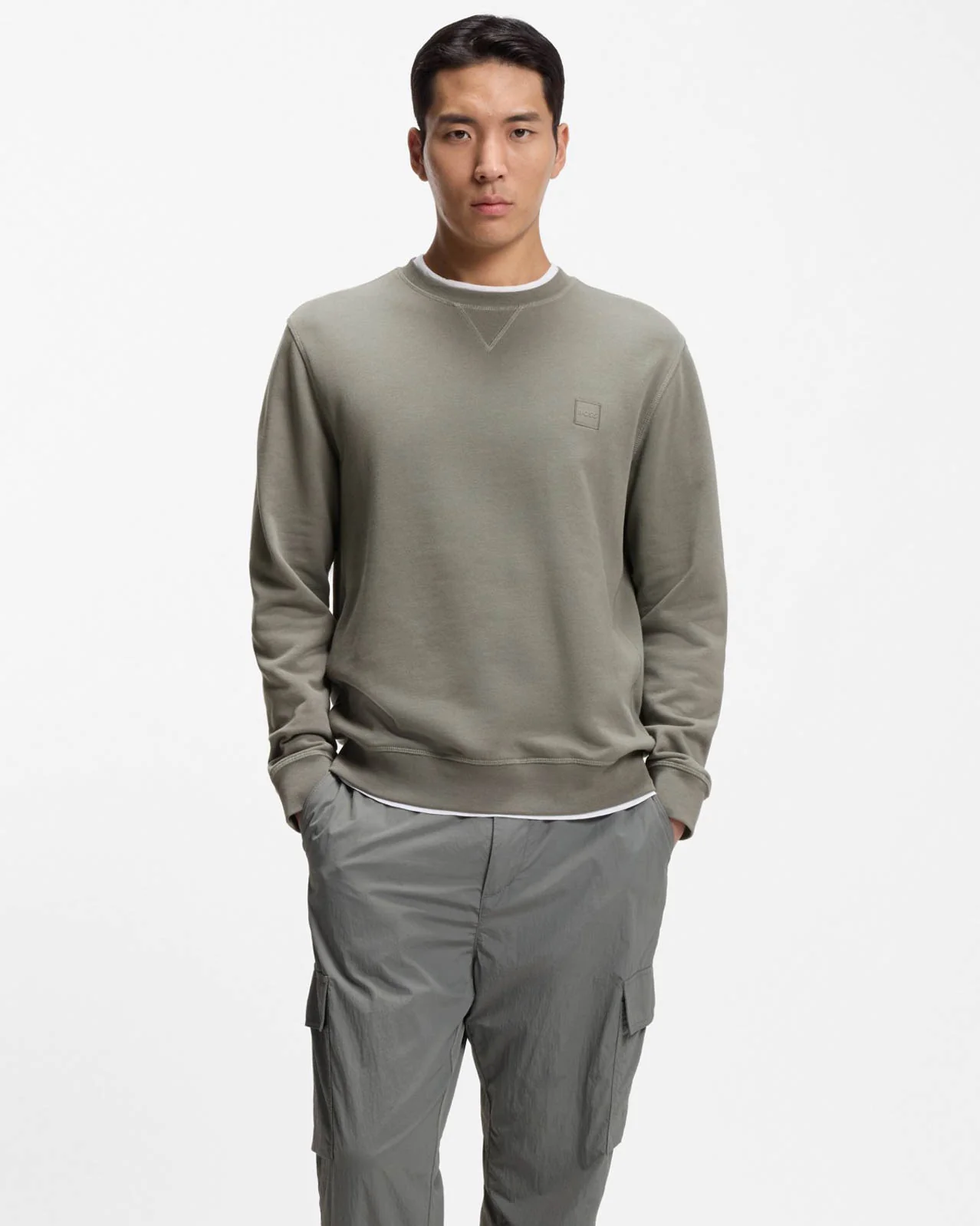 BOSS Orange Westart Mens Crew Neck Sweatshirt With Logo Patch - Open Grey 076 - Image 3