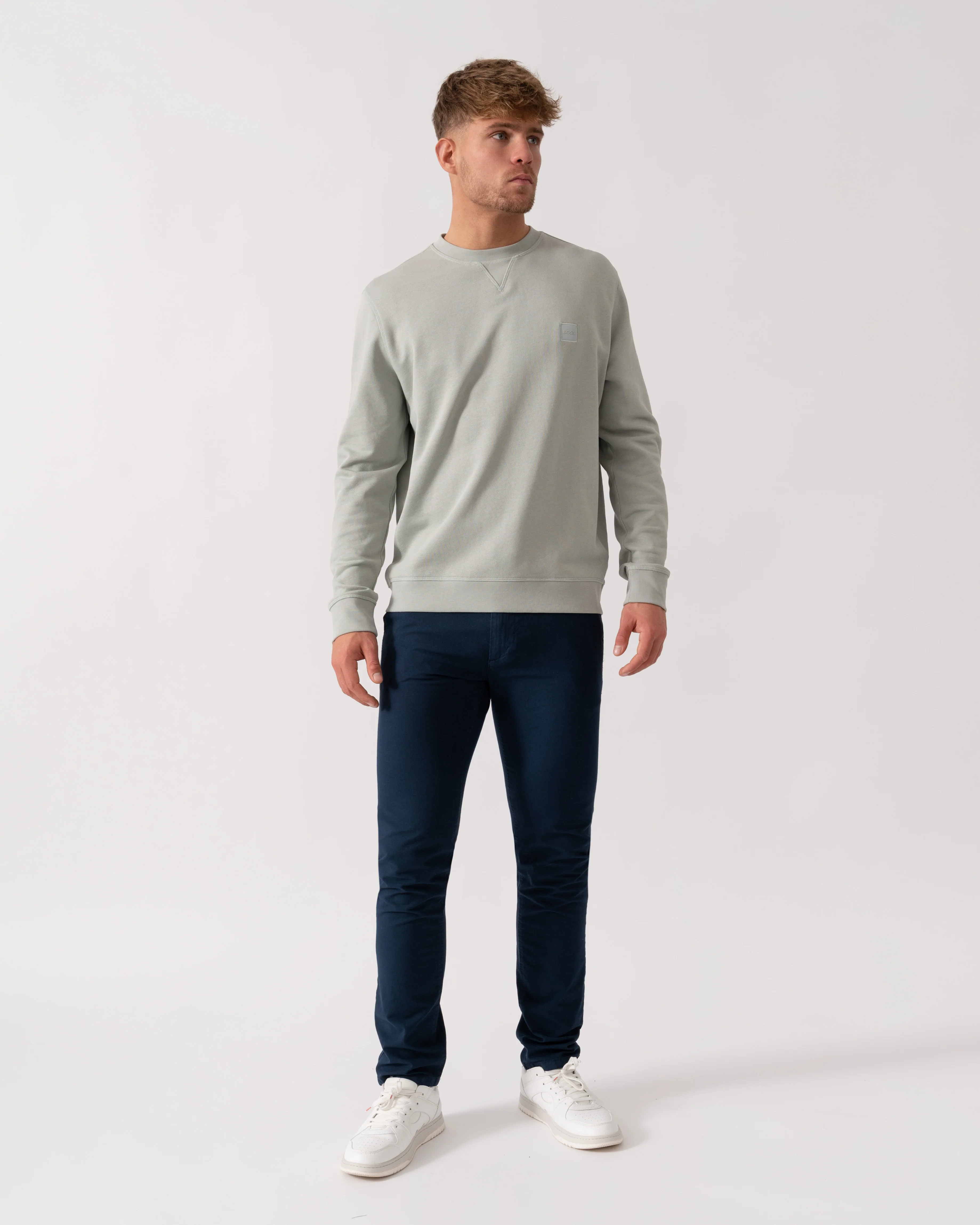 BOSS Orange Westart Mens Crew Neck Sweatshirt With Logo Patch - Silver 043 - Image 2