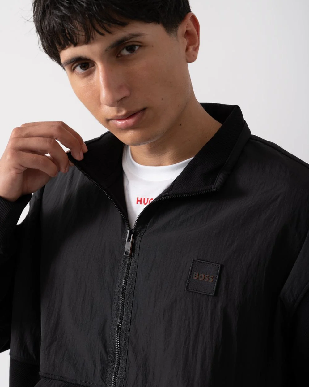 BOSS Orange Ze Nylon Mens Cotton Terry Zip-Up Sweatshirt with Logo Badge - Image 2
