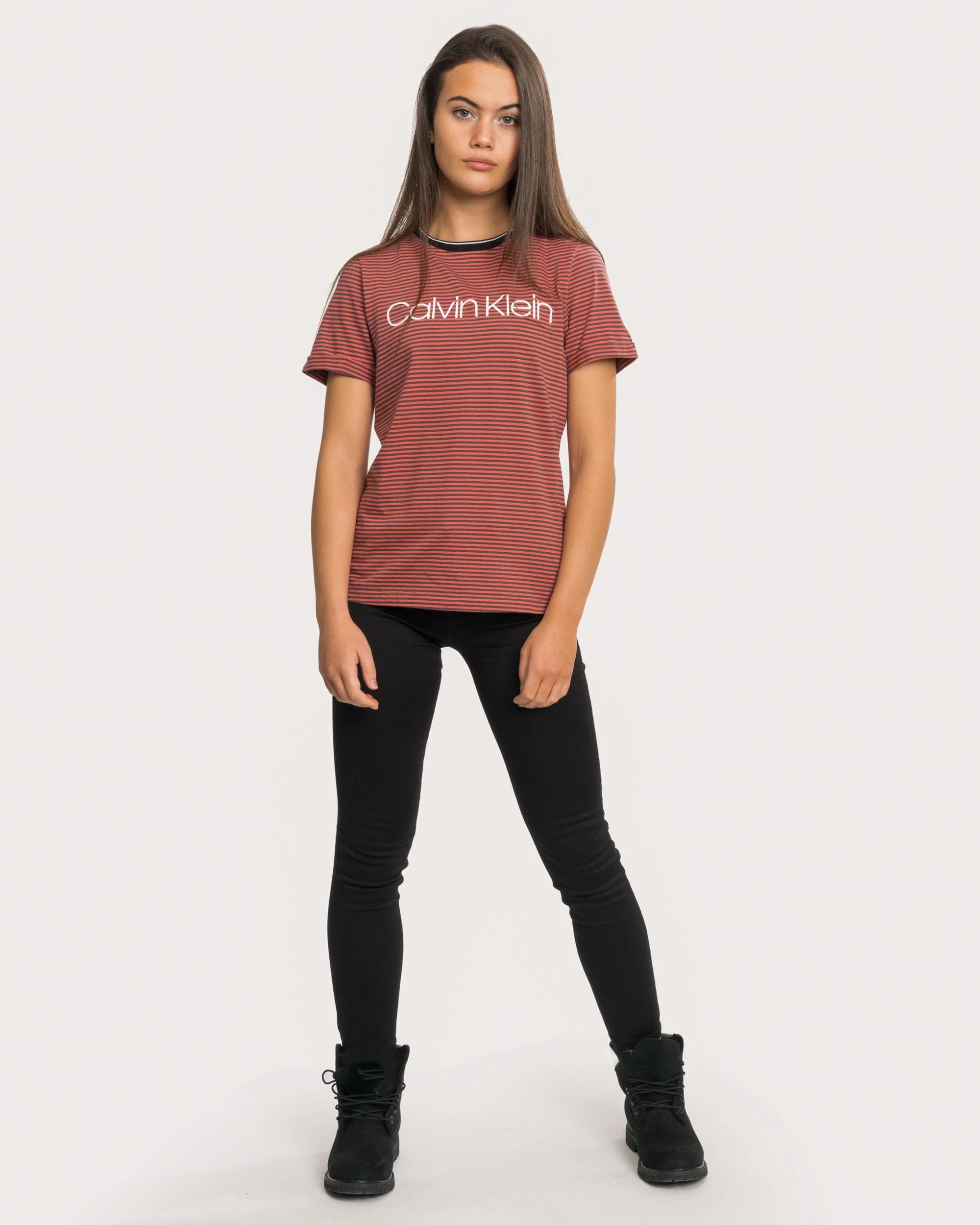 Calvin Klein Thin Stripe Logo Womens Tee - Image 3