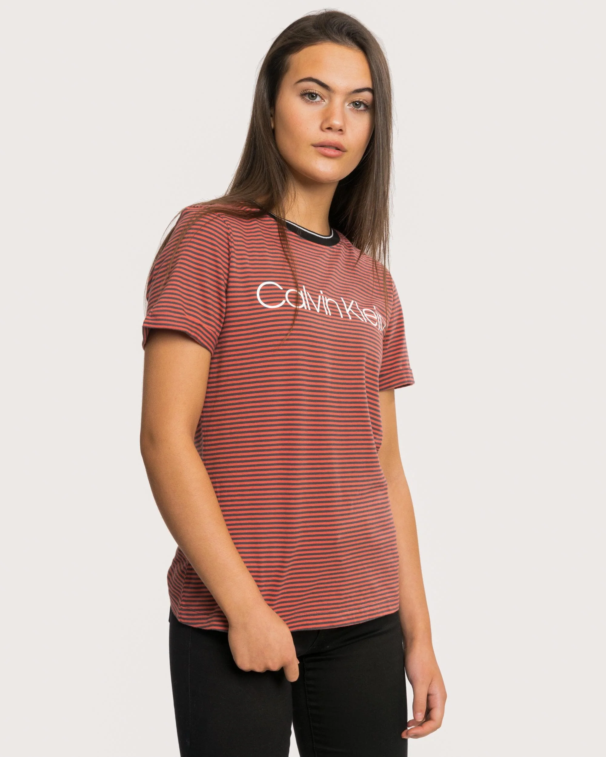 Calvin Klein Thin Stripe Logo Womens Tee - Image 4