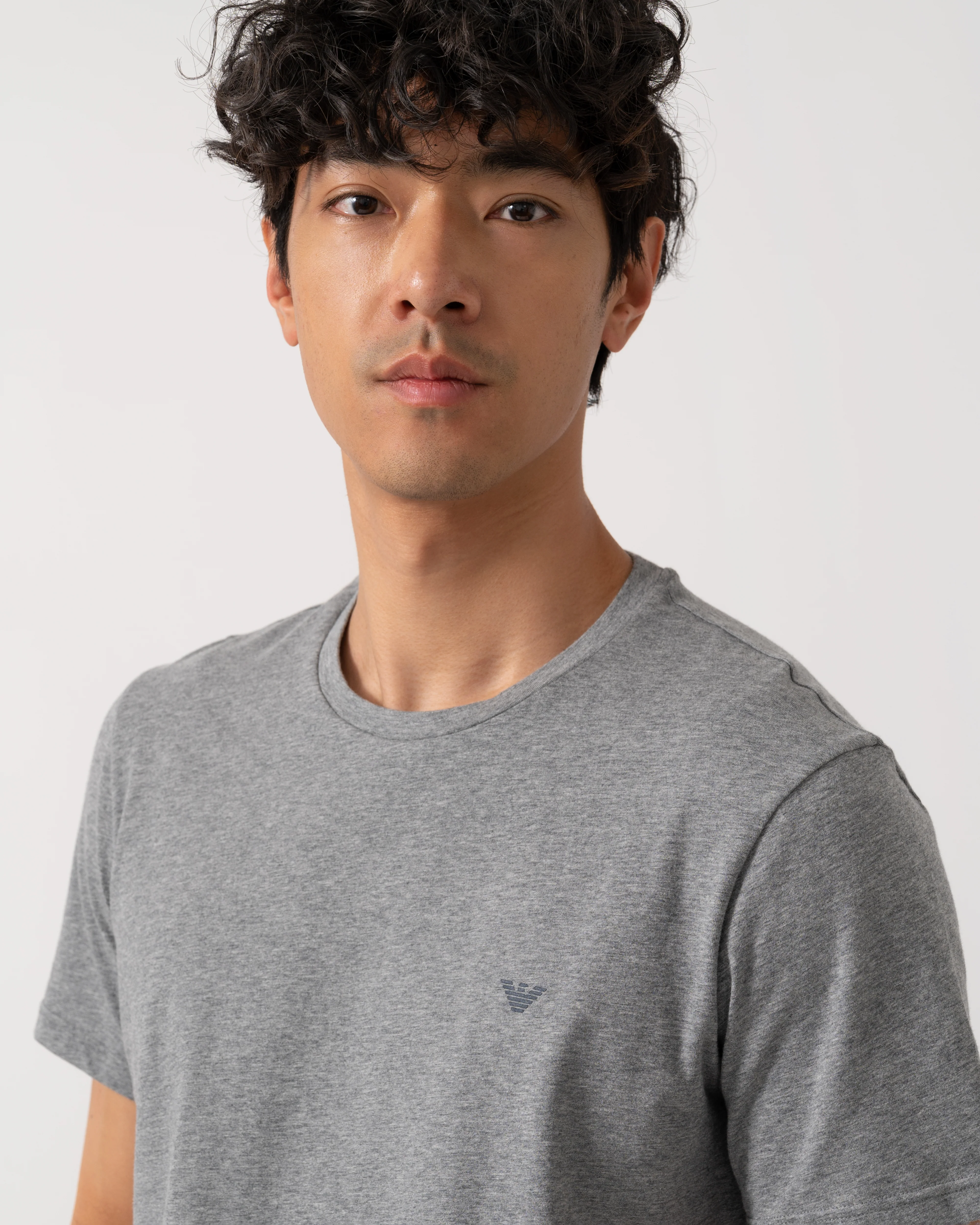 Emporio Armani 2 Pack Mens Eagle Logo Loungewear T-Shirt - Grey Melange/Armani Blue M8098 - Image 2