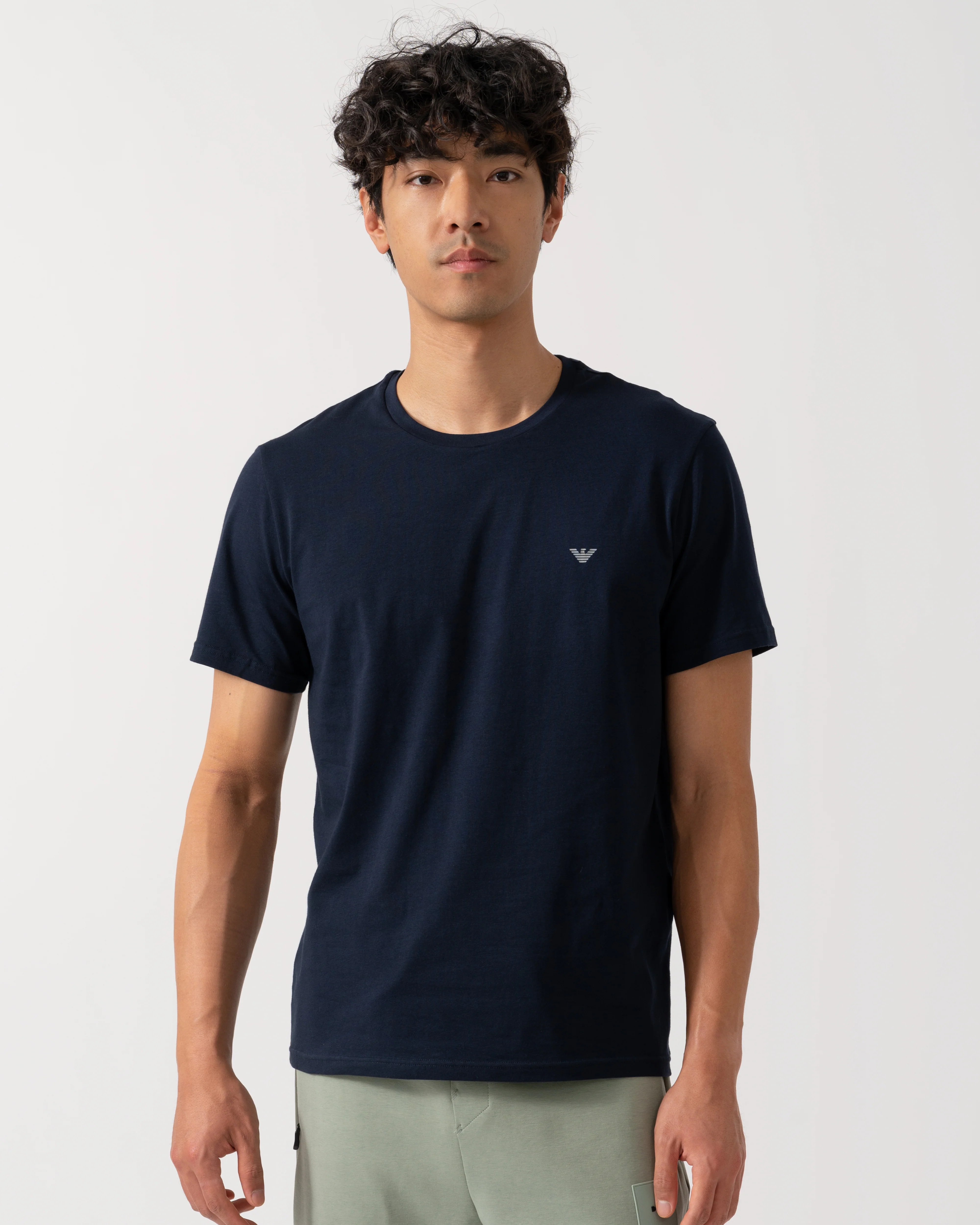 Emporio Armani 2 Pack Mens Eagle Logo Loungewear T-Shirt - Grey Melange/Armani Blue M8098 - Image 4