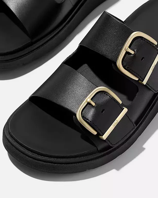 FitFlop Womens GEN-FF Buckle Two-Bar Leather Slides - Black 001 - Image 2