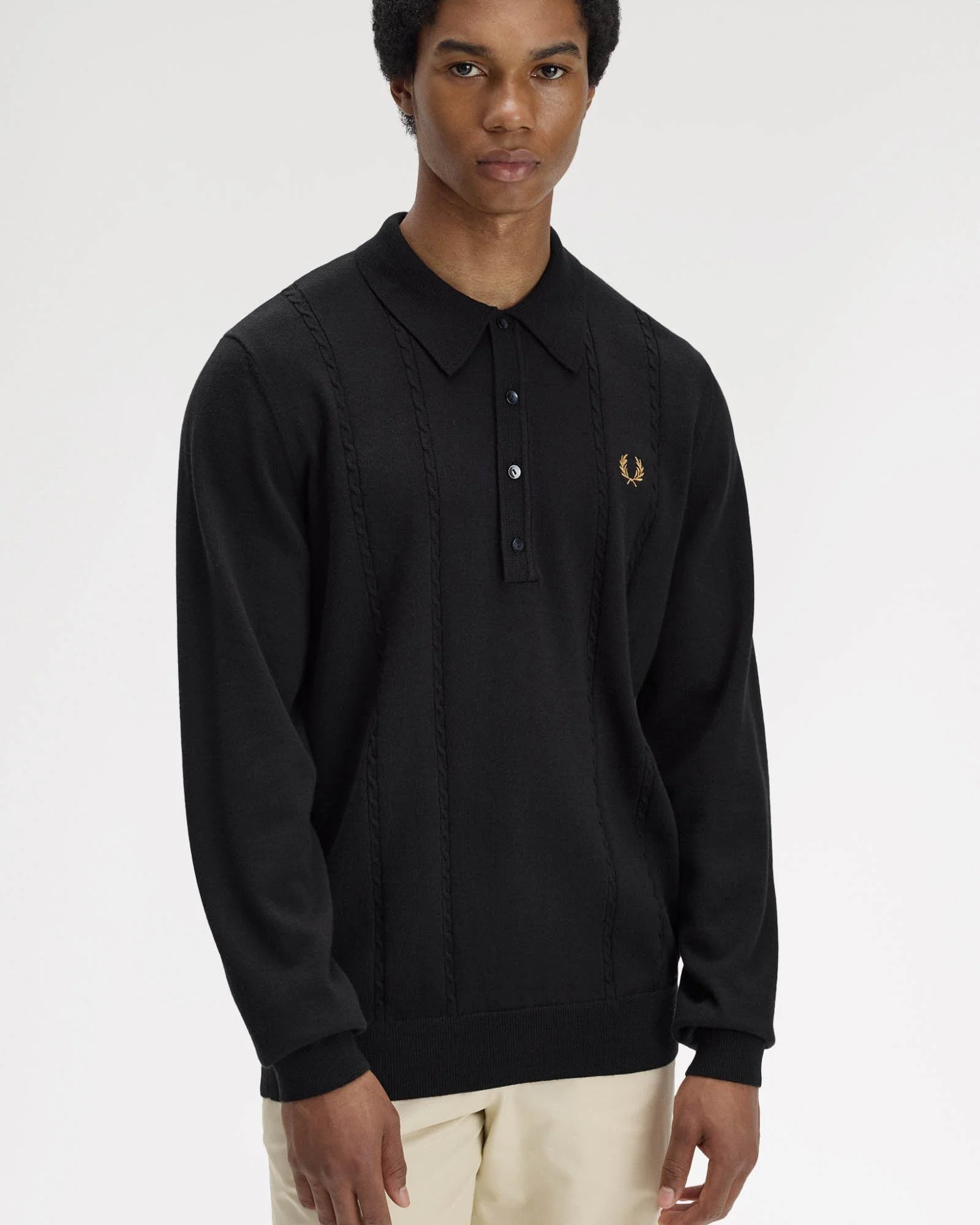 Fred Perry Mens Cable Knitted Long Sleeve Polo Shirt - Black 102 - Image 2
