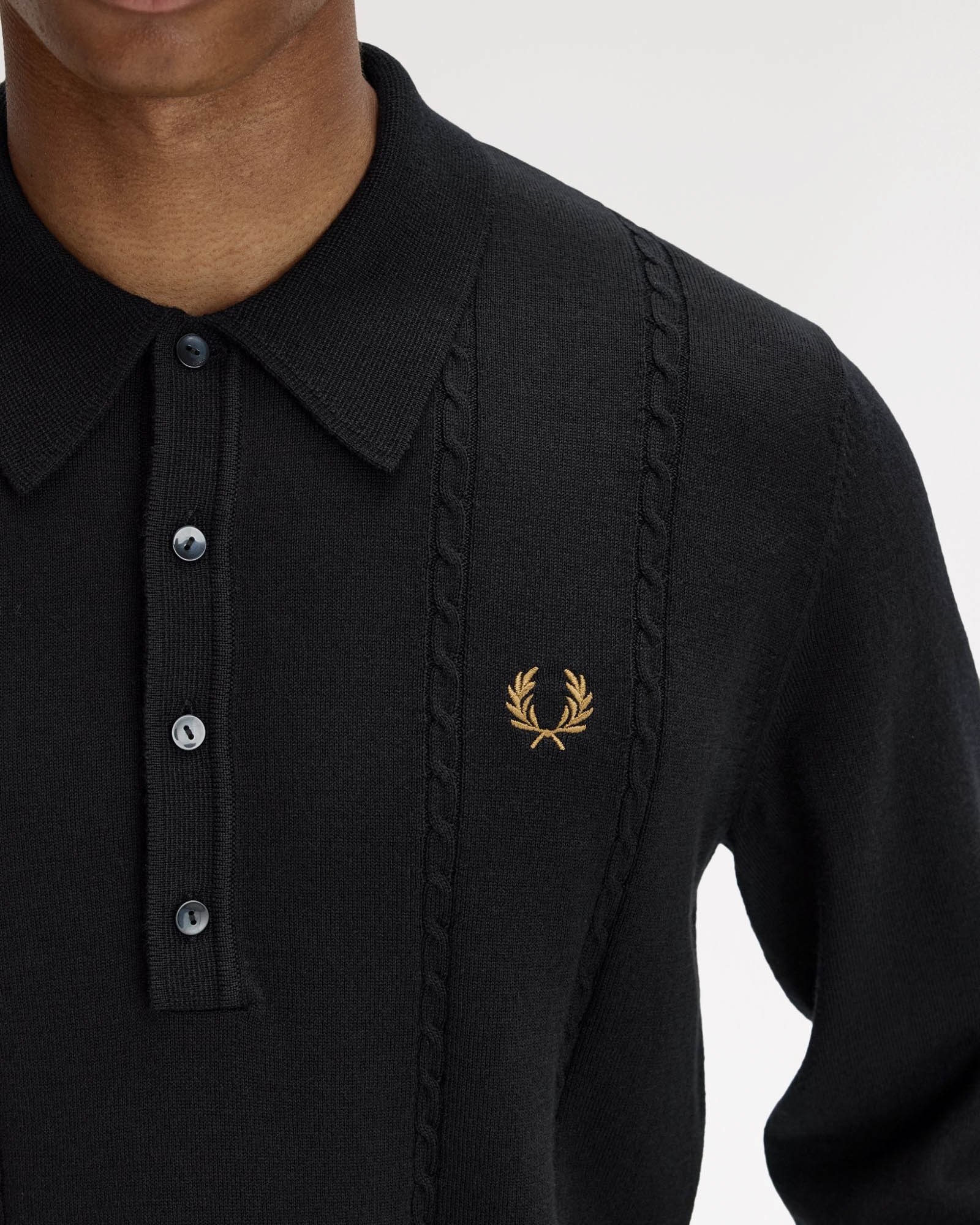 Fred Perry Mens Cable Knitted Long Sleeve Polo Shirt - Black 102 - Image 3