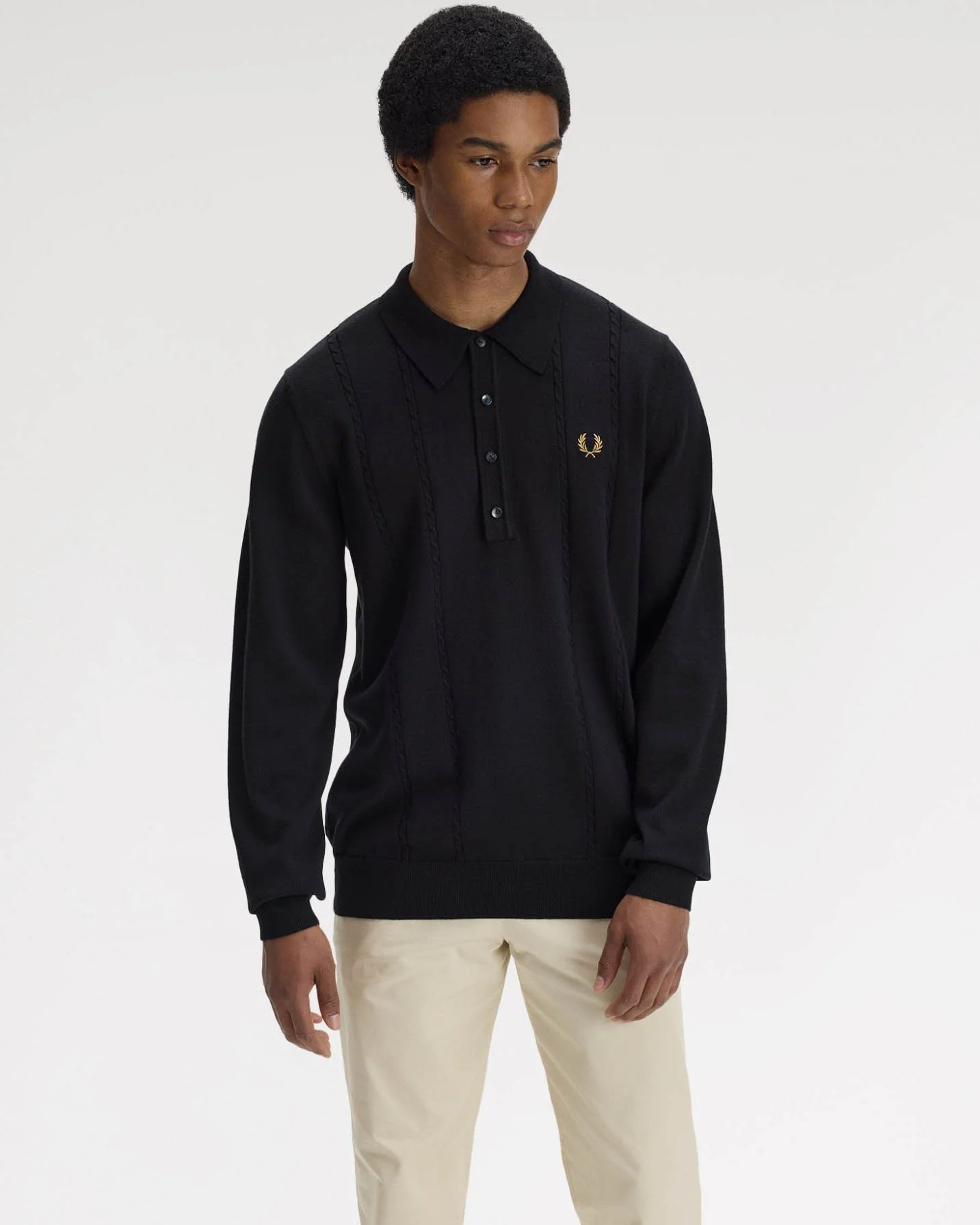 Fred Perry Mens Cable Knitted Long Sleeve Polo Shirt - Black 102 - Image 6