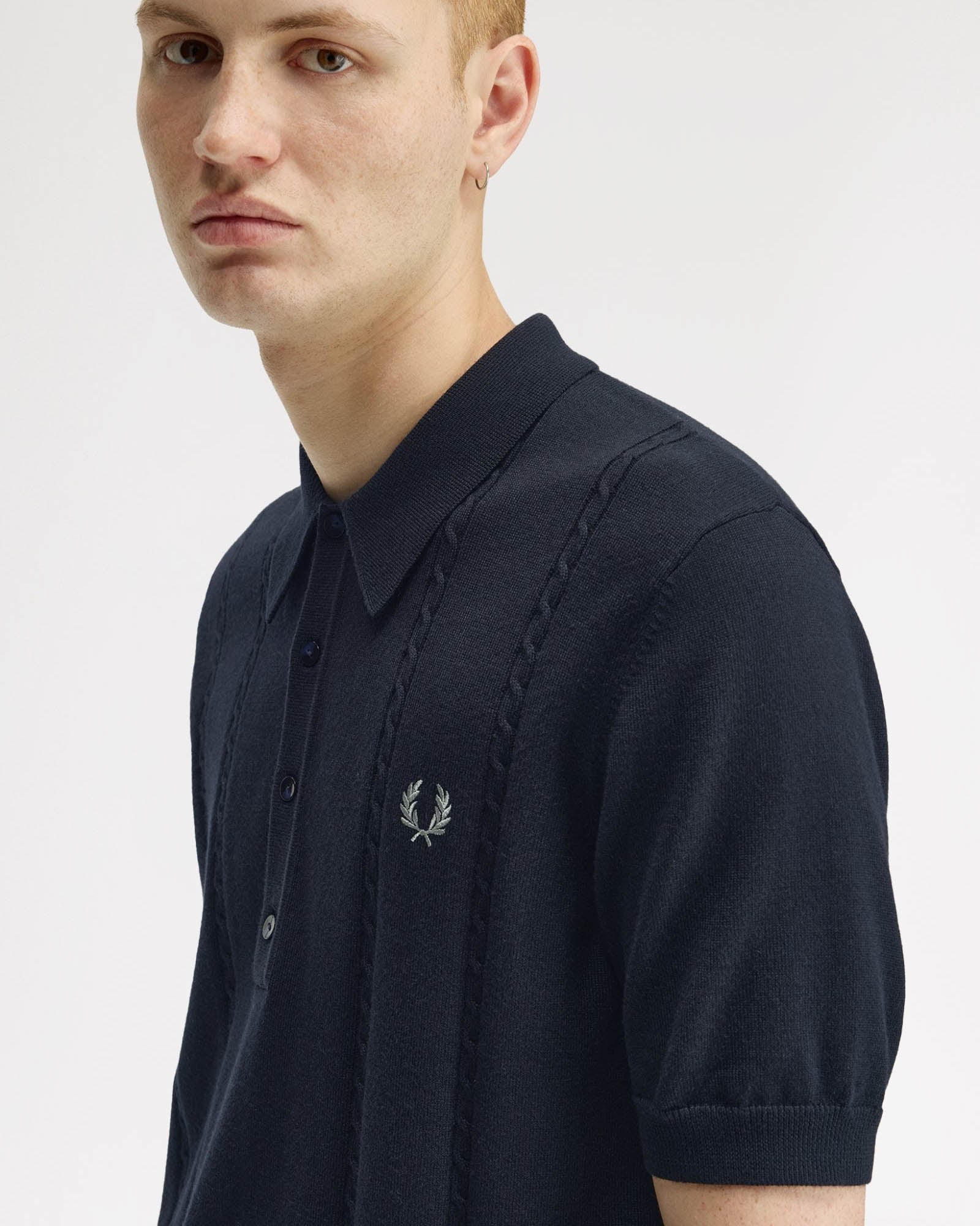 Fred Perry Mens Cable Knitted Polo Shirt - Navy 608 - Image 2