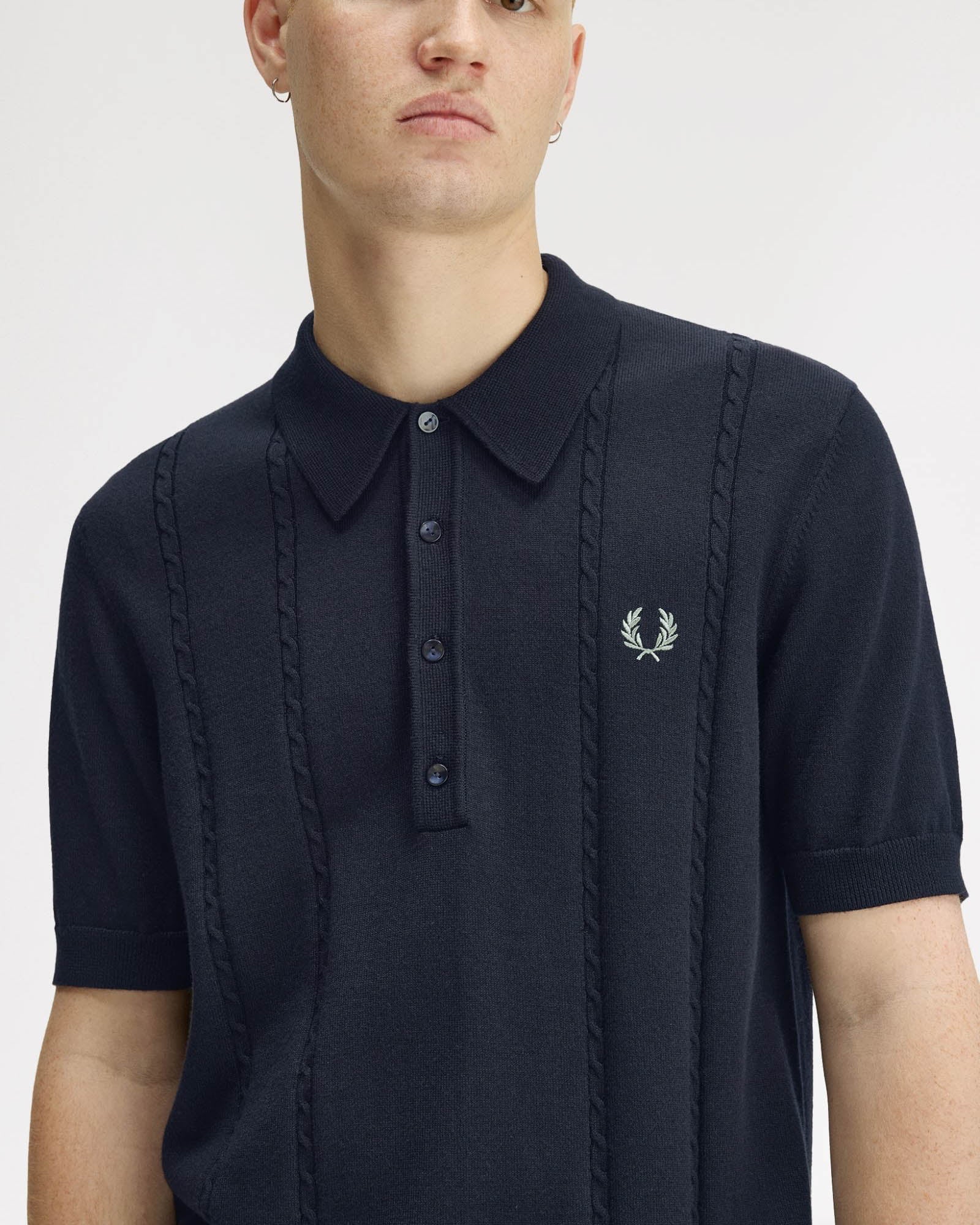 Fred Perry Mens Cable Knitted Polo Shirt - Navy 608 - Image 3