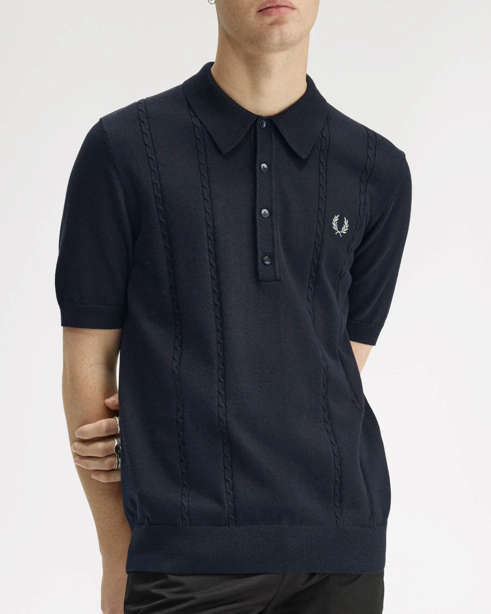 Fred Perry Mens Cable Knitted Polo Shirt - Navy 608 - Image 4