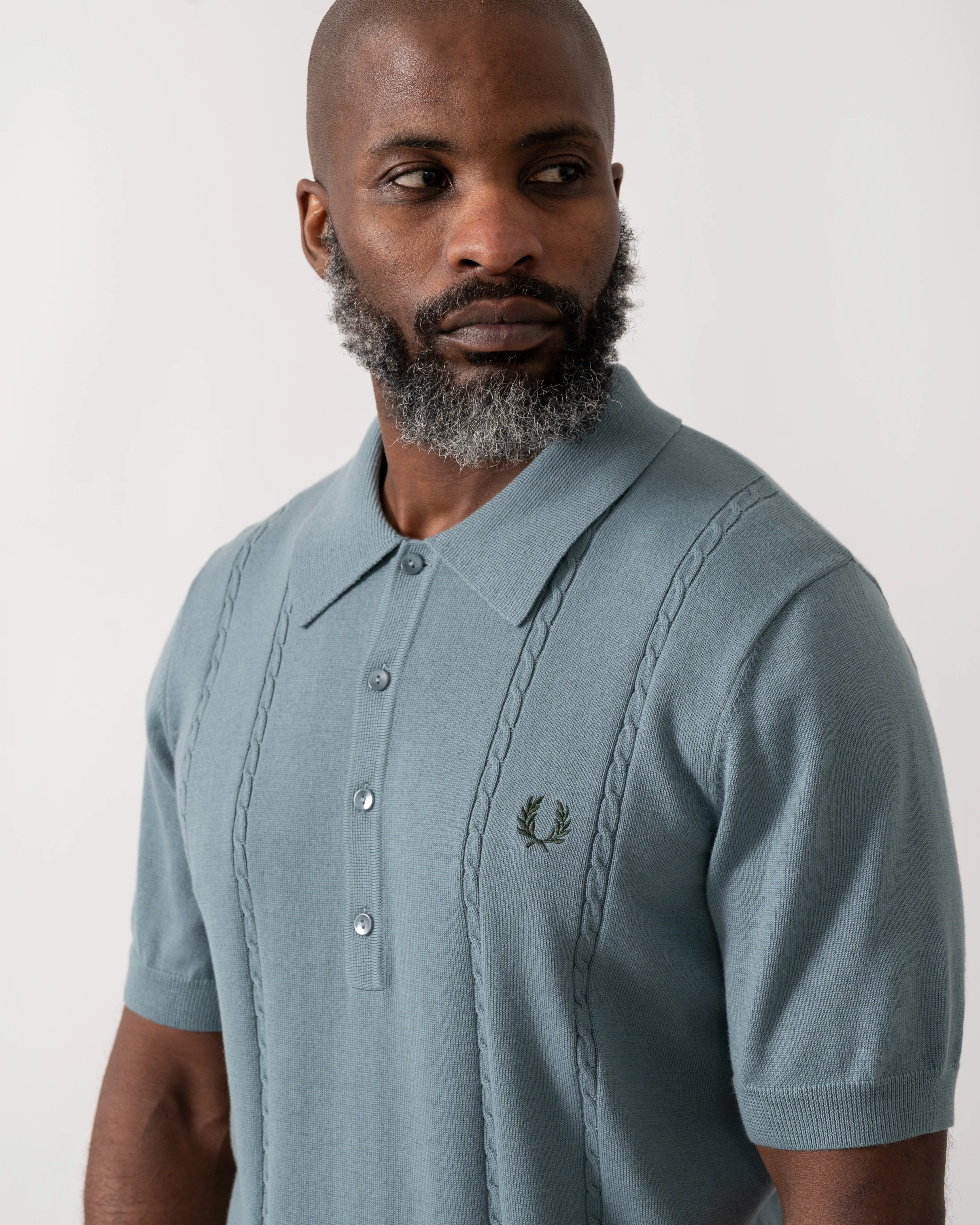 Fred Perry Mens Cable Knitted Polo Shirt - Stockport Blue Z20 - Image 3