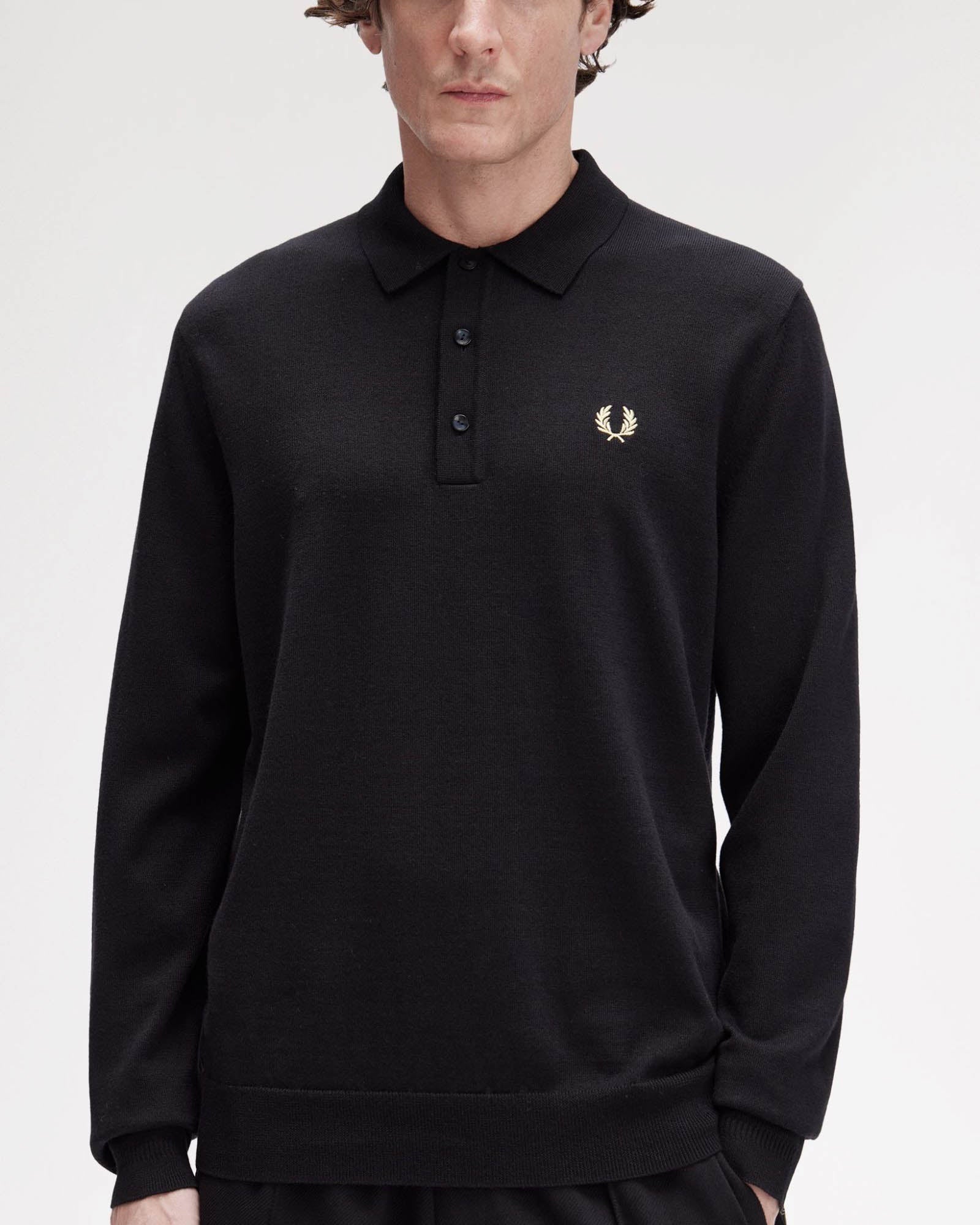 Fred Perry Mens Classic Knitted Shirt Ls - Black 220 - Image 2