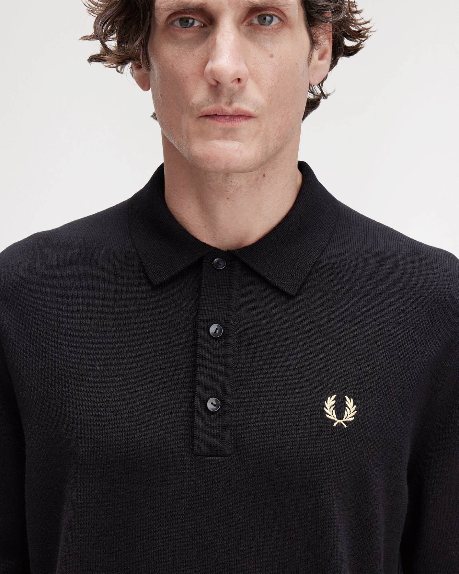 Fred Perry Mens Classic Knitted Shirt Ls - Black 220 - Image 4
