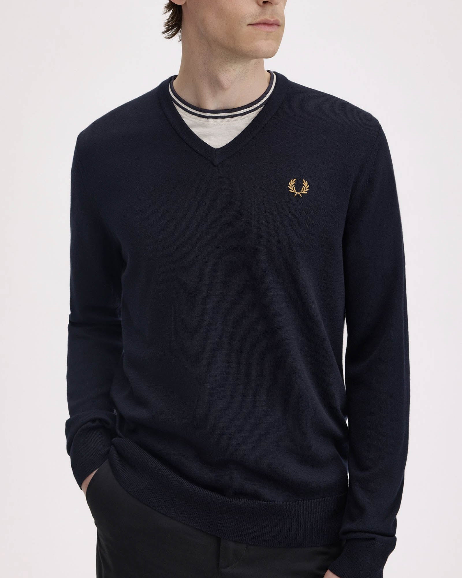 Fred Perry Mens Classic V Neck Jumper - Navy 795 - Image 3