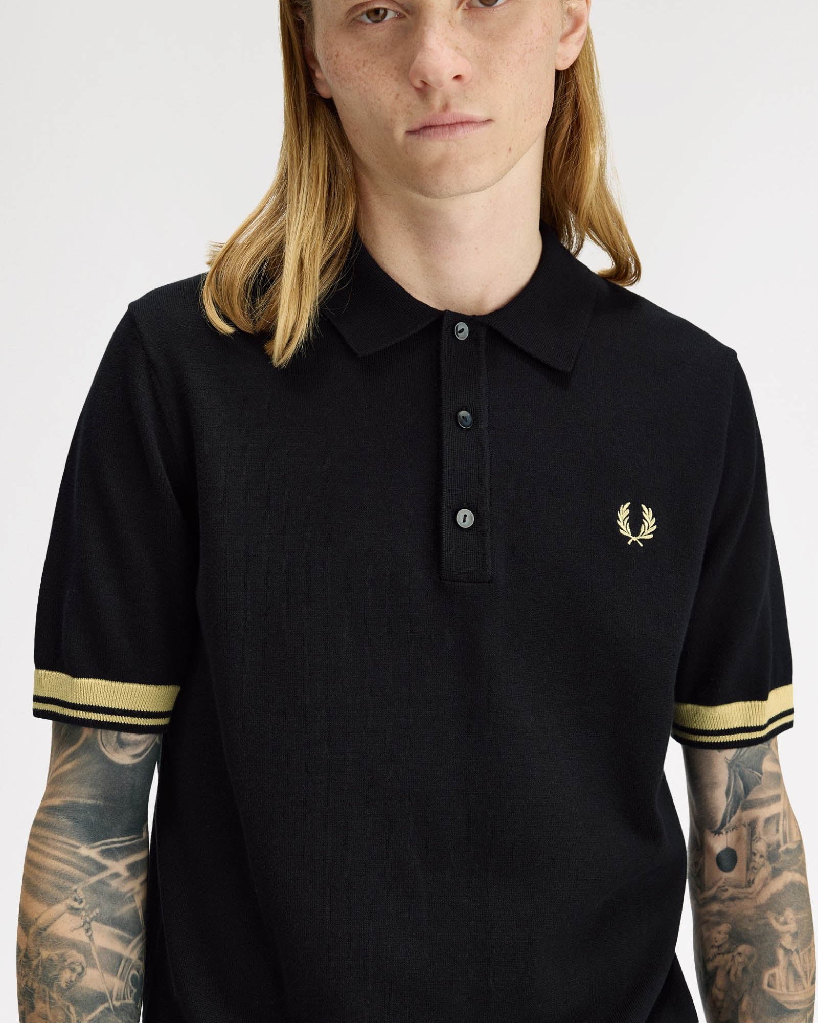 Fred Perry Mens Contrast Cuff Knitted Polo Shirt - Black/Champagne 90A - Image 3